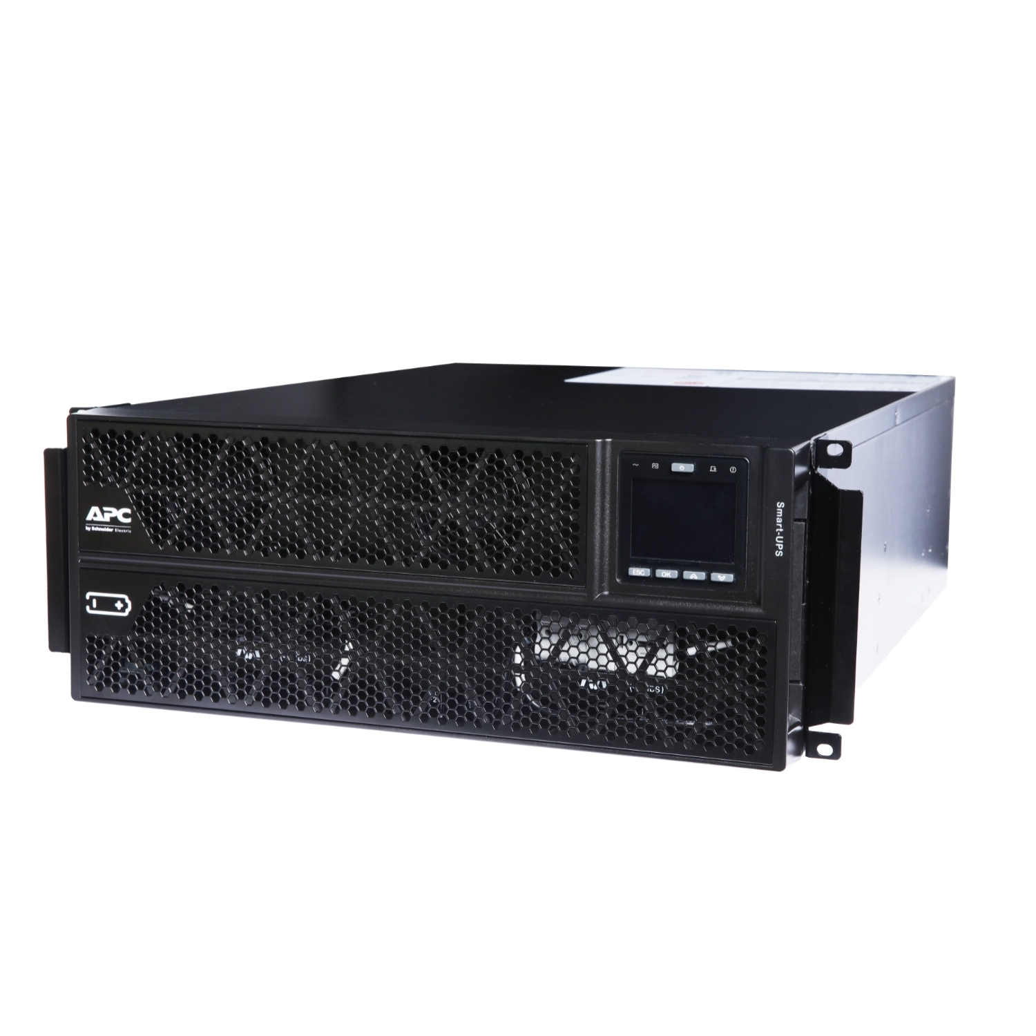 Un dispositivo APC Smart-UPS negro. Tiene una pantalla, rejillas de ventilación y el logotipo de APC. El fondo es blanco.