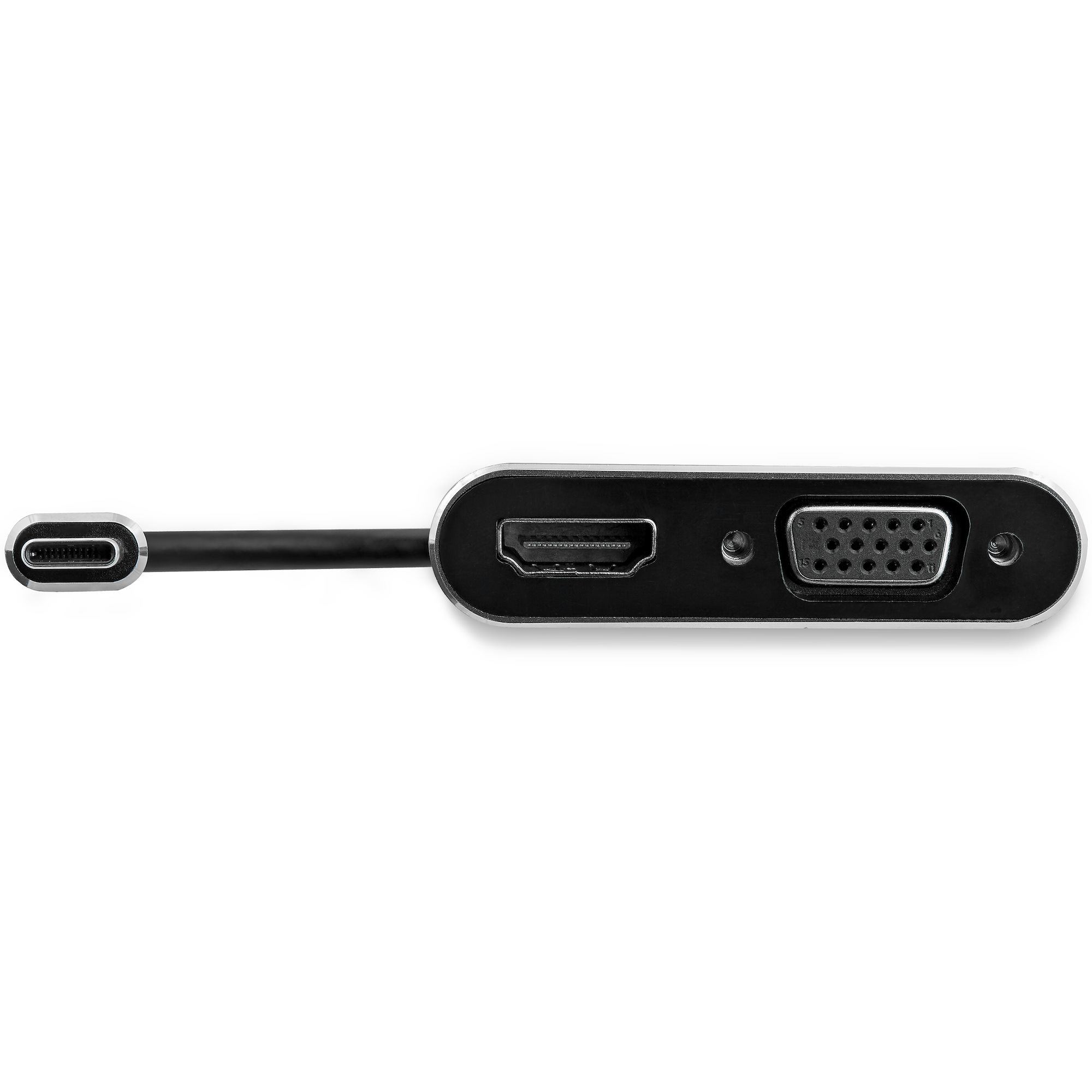Un adaptador negro y plateado con conector USB-C, puerto HDMI y puerto VGA, sobre un fondo blanco.