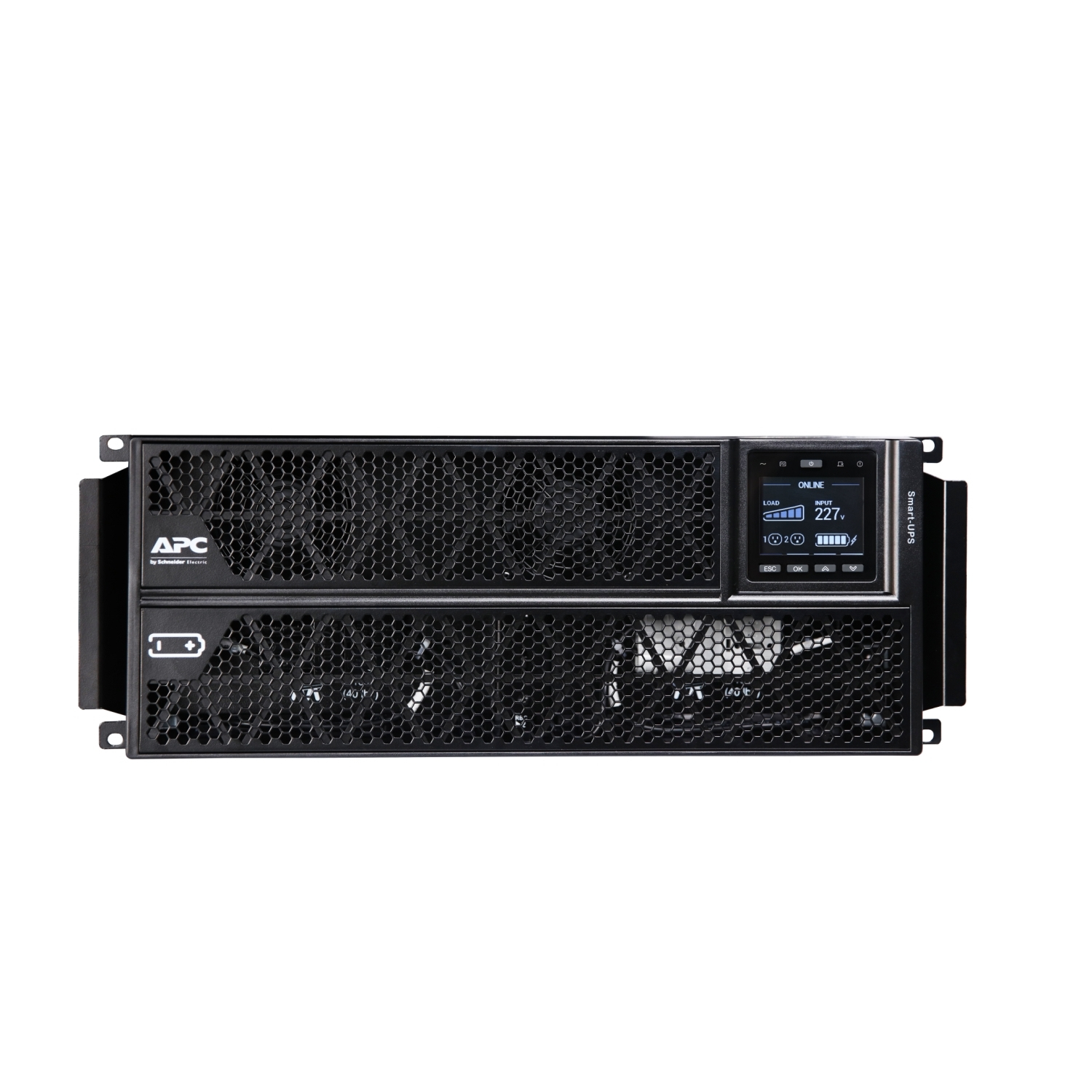 Dispositivo APC Smart-UPS negro. Muestra carga, voltaje de entrada (227V) y estado. Tiene rejillas y botones de control.