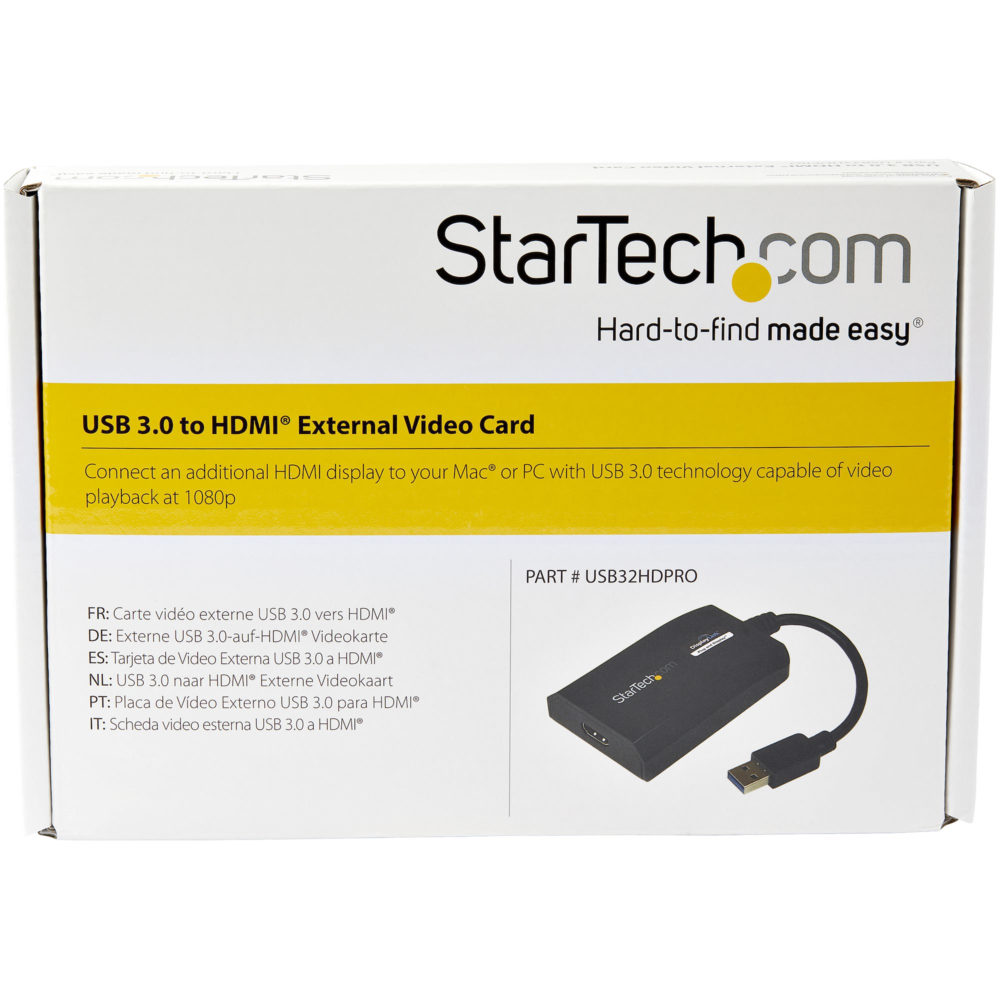 Una caja blanca con el logo de StarTech.com e información del producto, una tarjeta de vídeo USB 3.0 a HDMI.