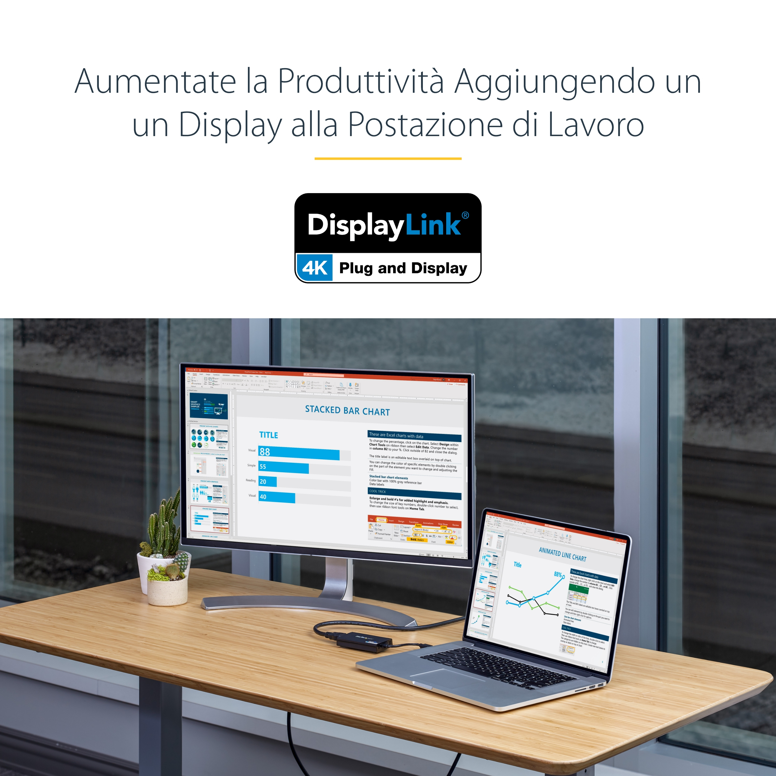 Un escritorio con un monitor y una computadora portátil que muestran gráficos. Un cactus está en el escritorio. Es visible un logo de DisplayLink.