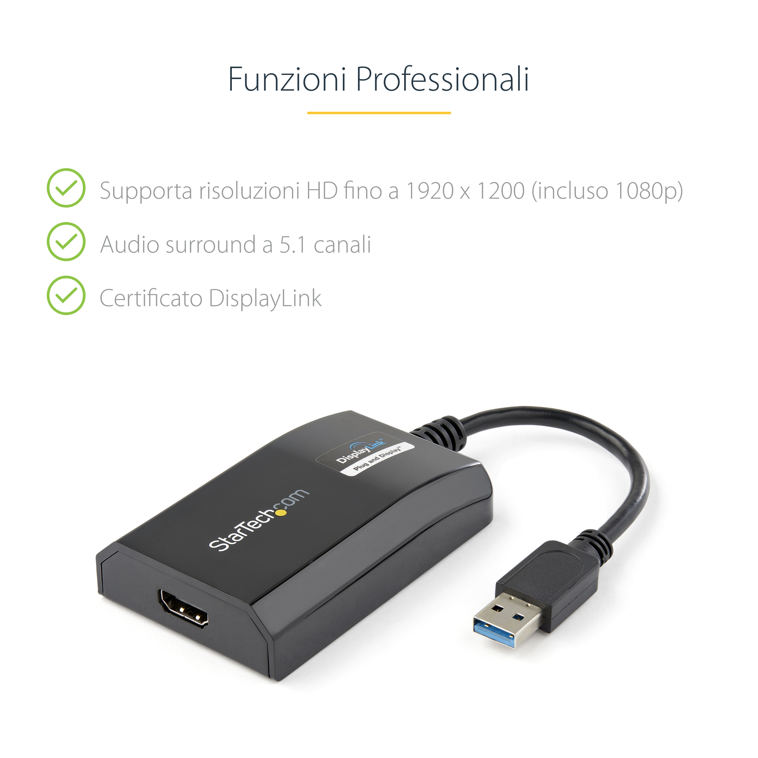 Adaptador StarTech negro con conector HDMI y USB. El texto incluye funciones, resoluciones y certificación DisplayLink.