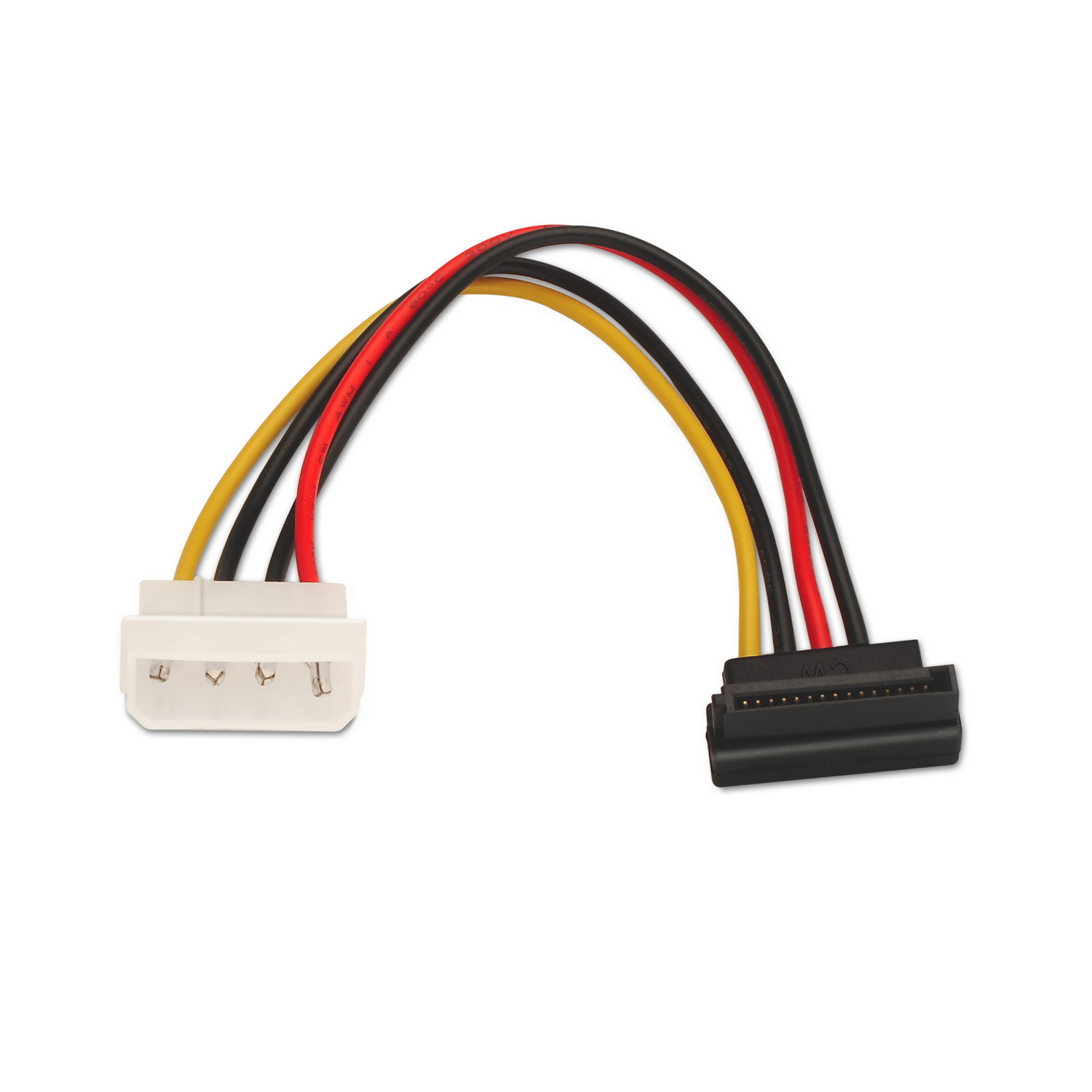 Cable de alimentación SATA con cables negro, amarillo y rojo, conectado a un conector blanco y uno negro sobre fondo blanco.
