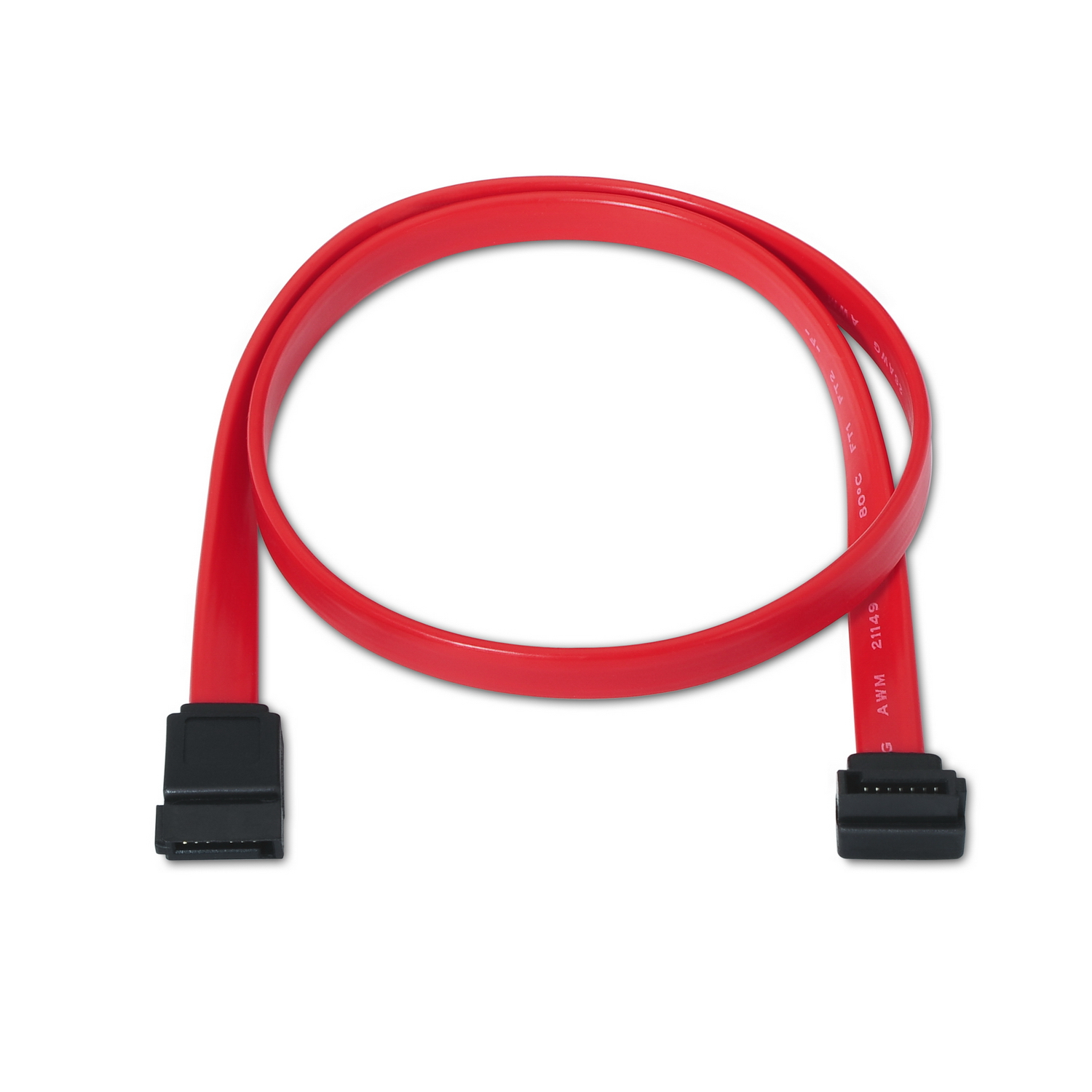 Un cable SATA rojo sobre un fondo blanco. Tiene conectores negros en ambos extremos. El cable está en bucle.