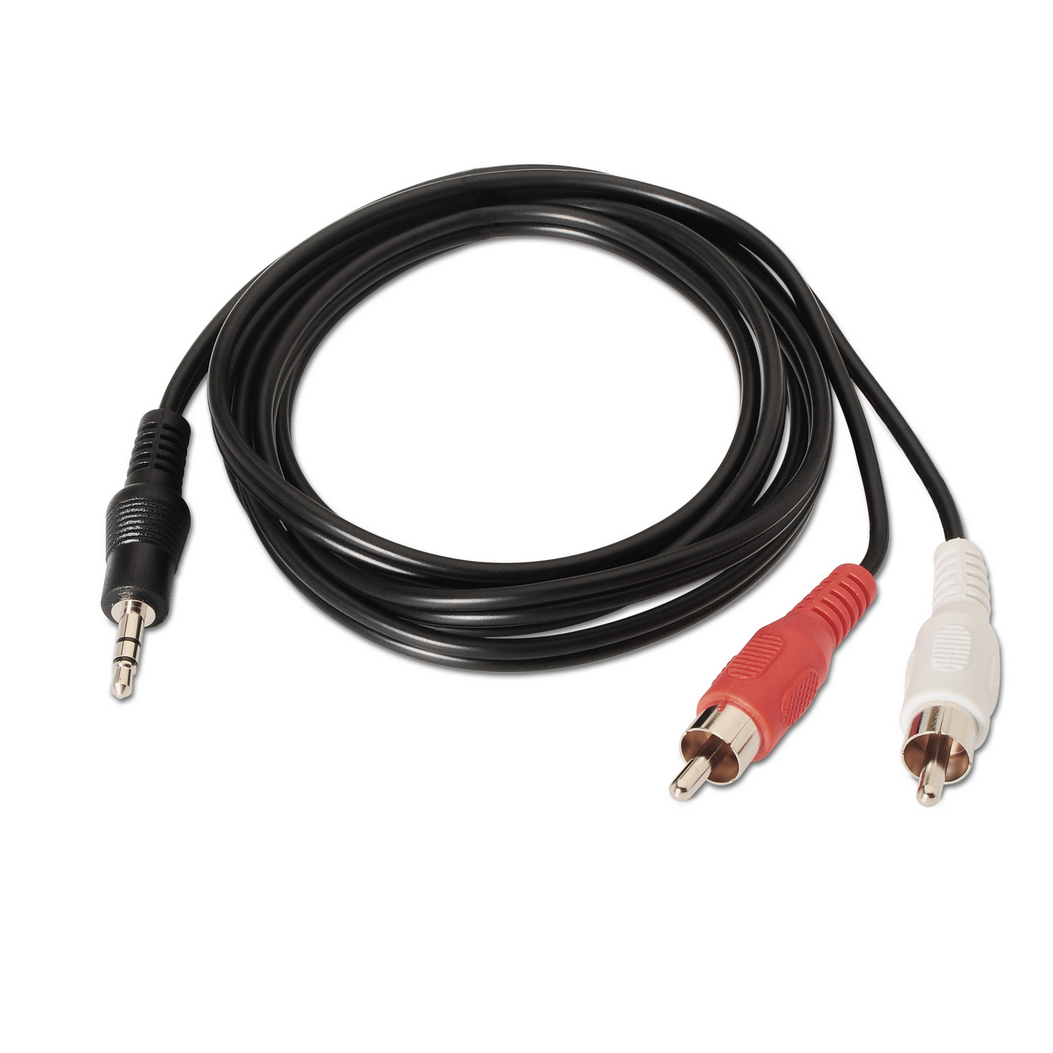 Cable de audio negro con un conector jack de 3,5 mm y dos conectores RCA: rojo y blanco. El cable está enrollado sobre un fondo blanco.