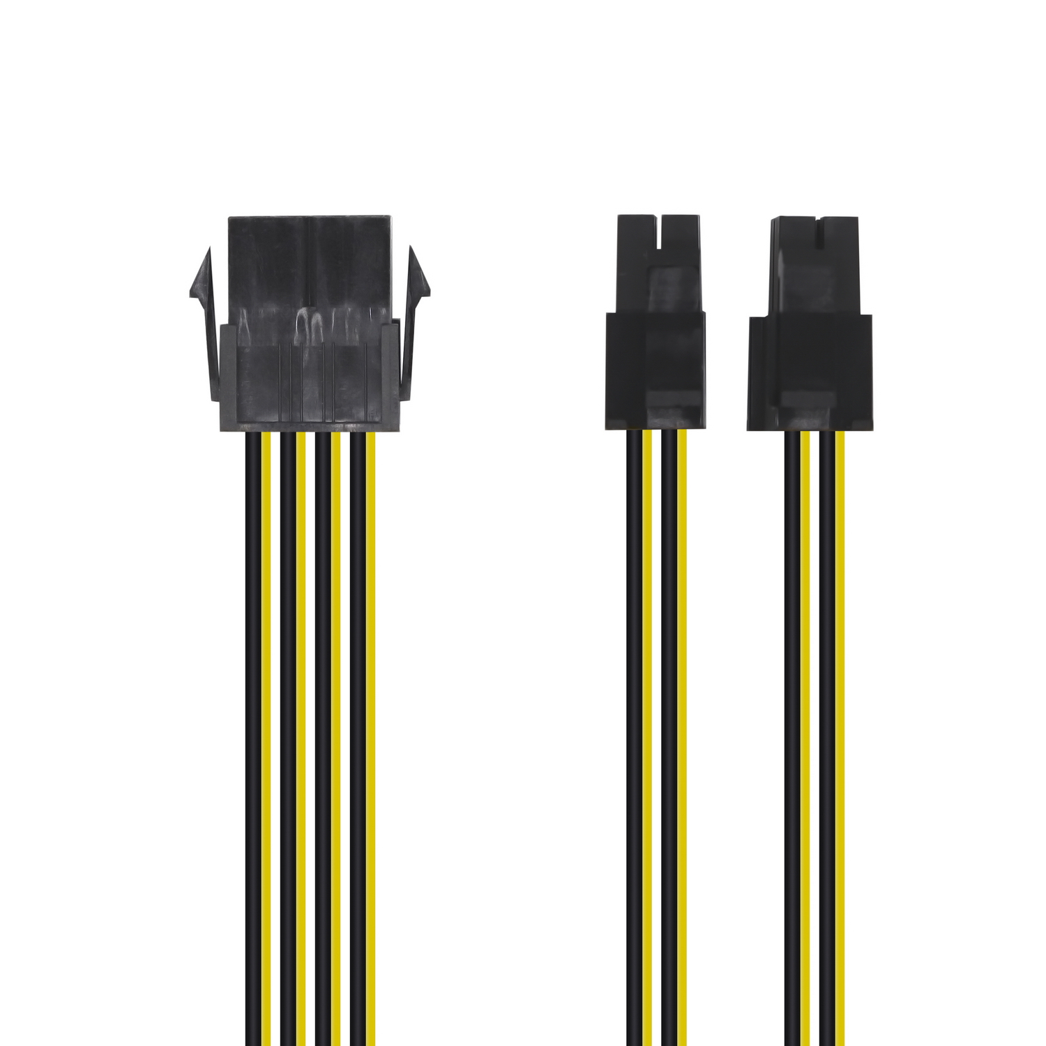 Tres conectores negros con cables amarillos y negros sobre fondo blanco.