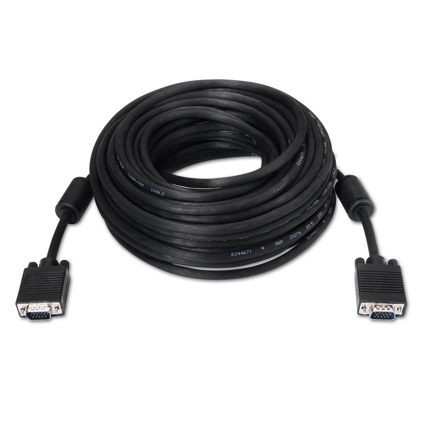 Un cable de computadora negro enrollado con conectores VGA en cada extremo sobre una superficie blanca.