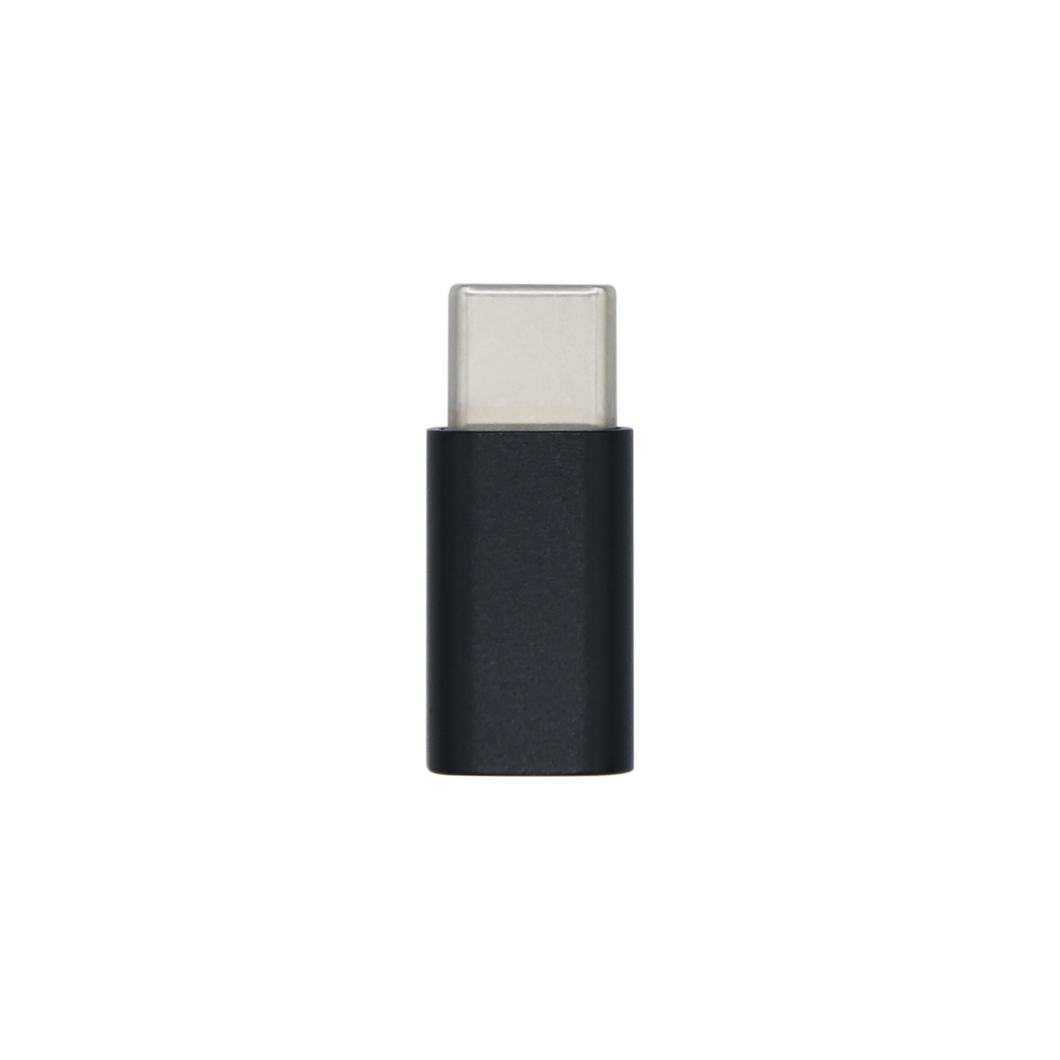 Un adaptador USB-C. La parte superior es de plástico transparente y la inferior es negra. El fondo es blanco.