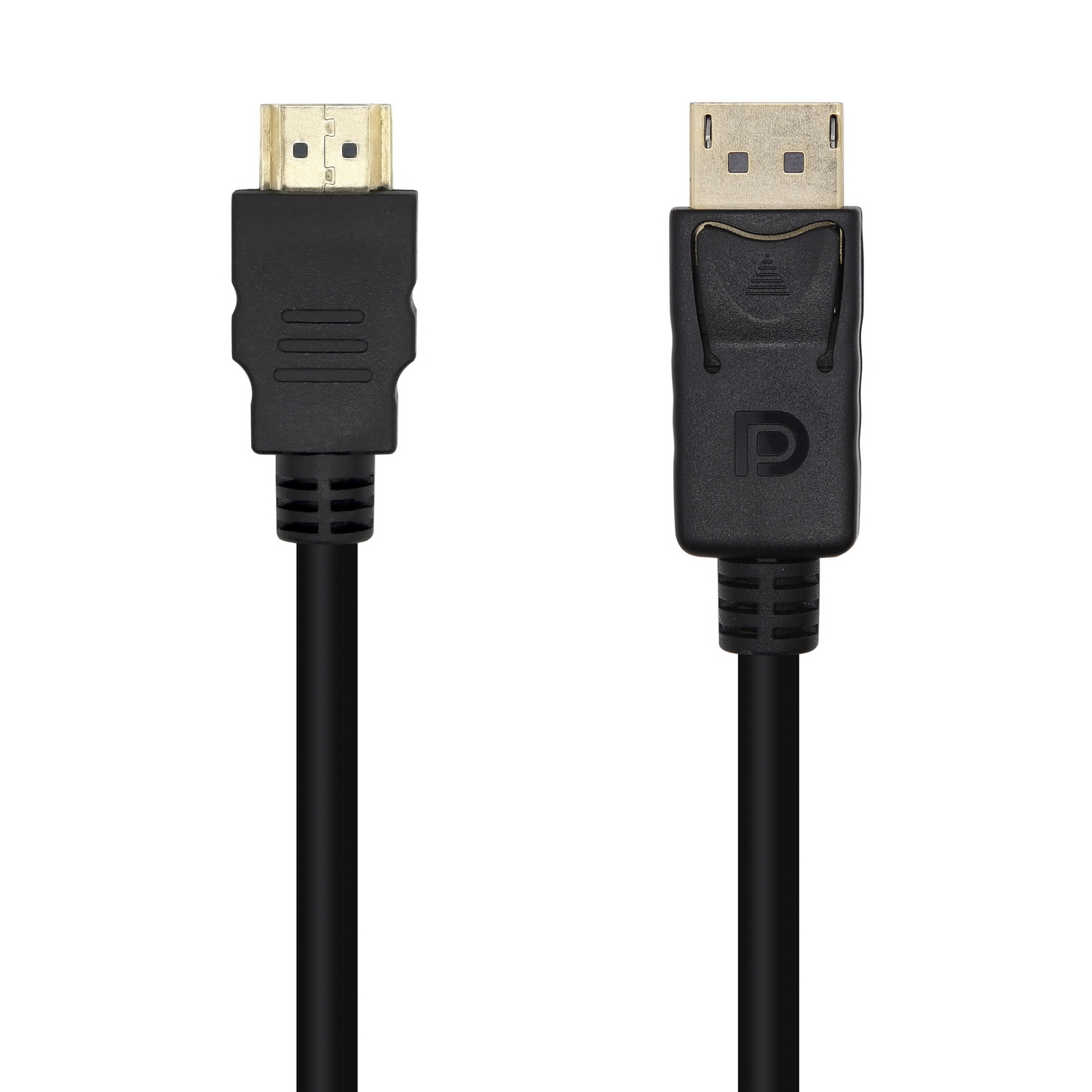 Due cavi neri con connettori dorati. Uno è HDMI, l'altro DisplayPort. Entrambi su sfondo bianco.