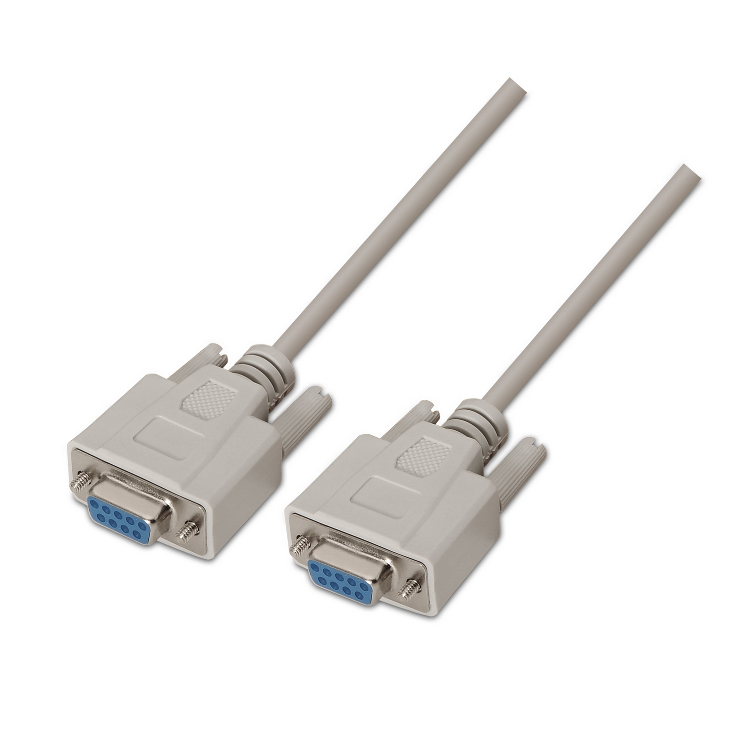 Dos cables seriales grises con conectores azules sobre fondo blanco. Un cable está ligeramente por encima del otro.