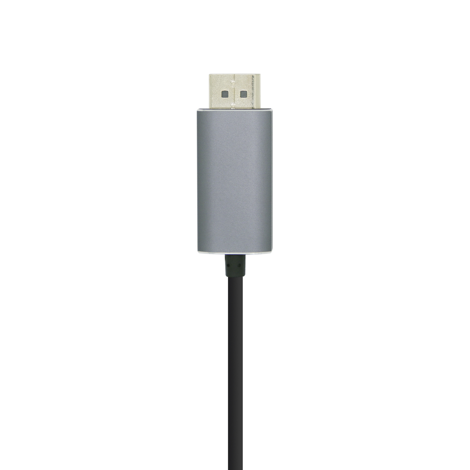 Een DisplayPort-connector met een zilveren behuizing en een zwarte kabel tegen een witte achtergrond.