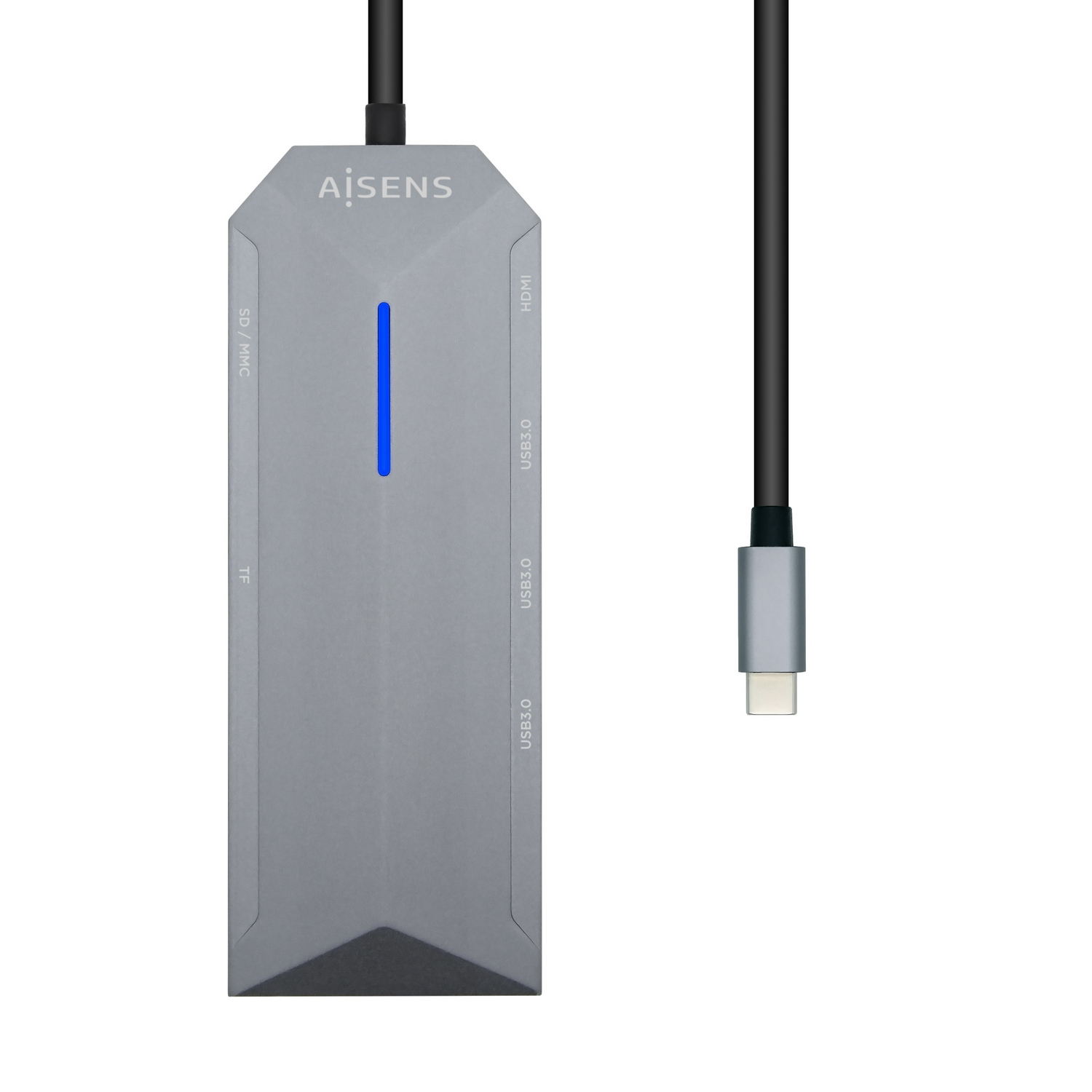 Un concentrador USB gris con luz azul y puertos HDMI, USB3.0, SD/MMC y TF. Tiene un conector USB-C.