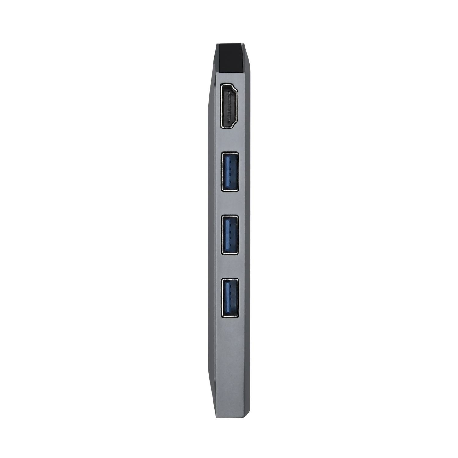 Un concentrador USB gris con cuatro puertos USB y un puerto HDMI. Está sobre un fondo blanco.