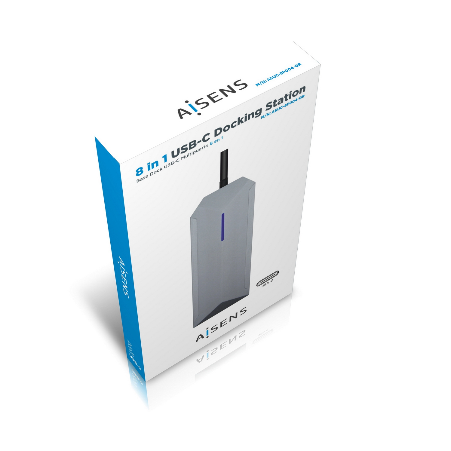 Una caja blanca con una estación de acoplamiento USB-C. La caja tiene detalles azules y texto en inglés y español. La estación es gris.