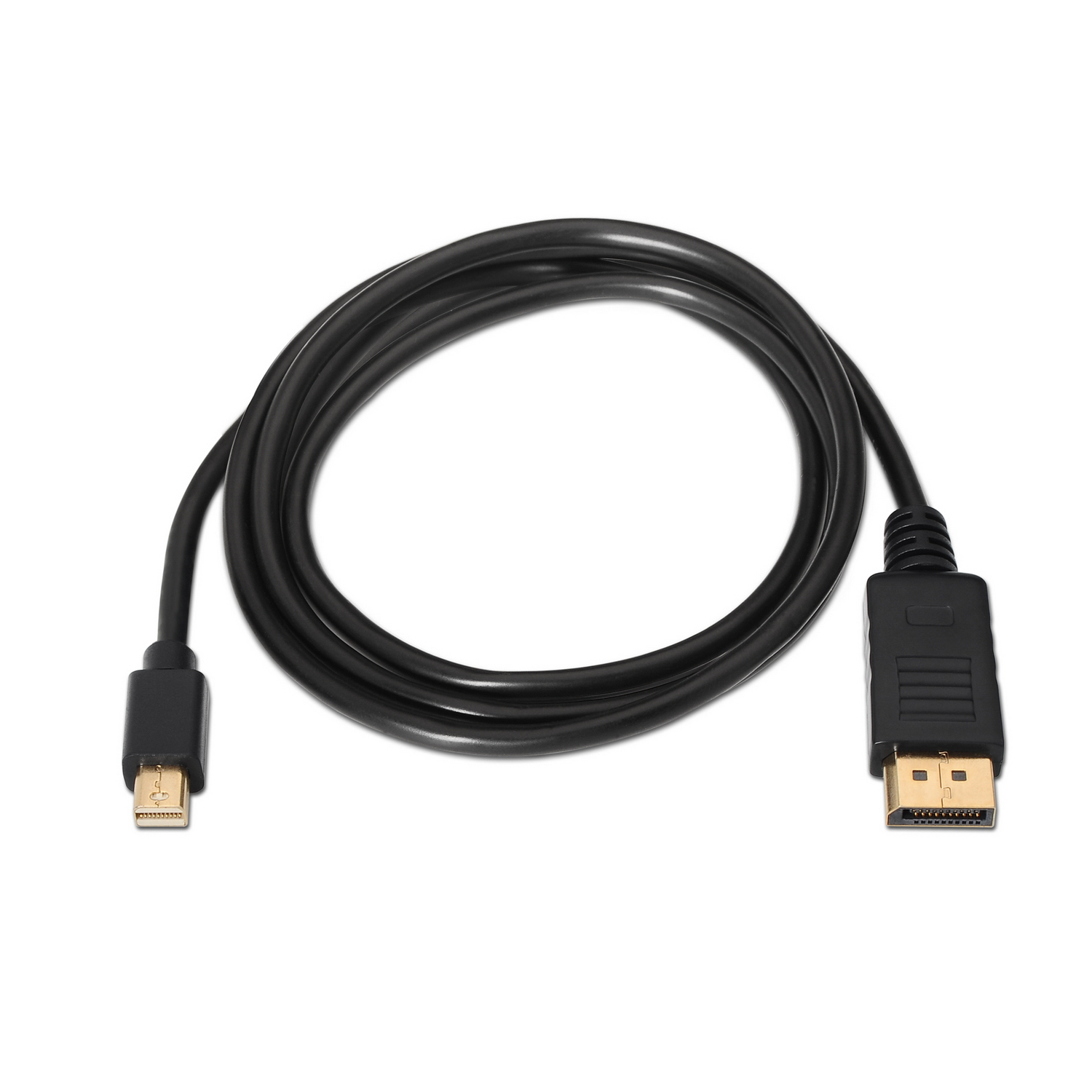 Cable DisplayPort negro, enrollado. Conectores en cada extremo, un mini DisplayPort y un DisplayPort estándar, contactos dorados.