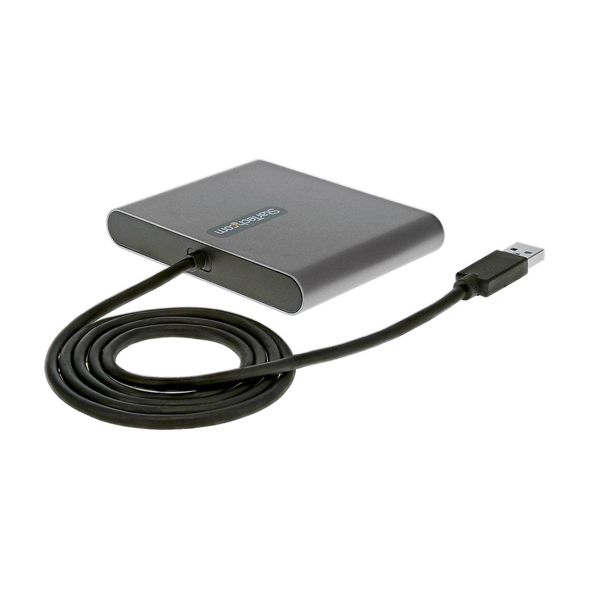 Un disco duro externo gris de Startech.com con un cable negro y conector USB sobre fondo blanco.