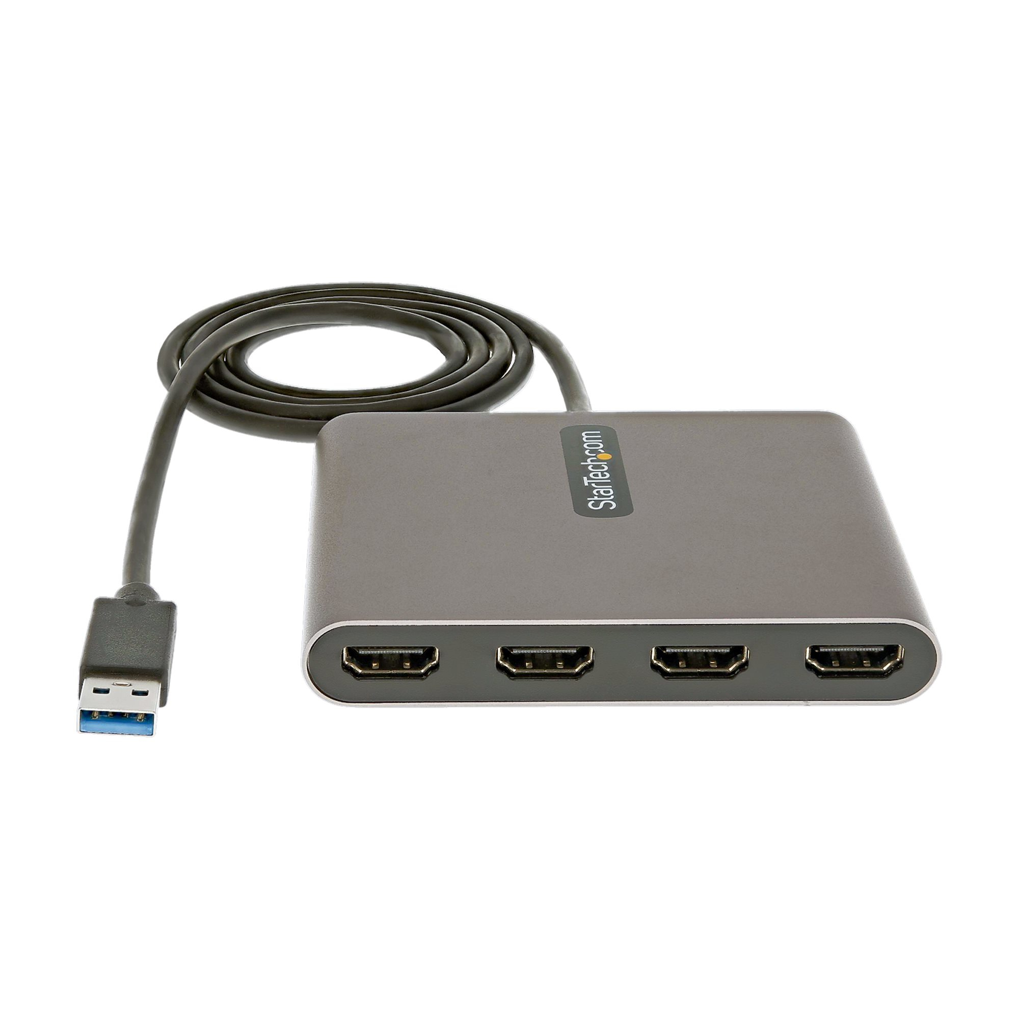 Un concentrador HDMI gris con cable USB. Tiene cuatro puertos HDMI y la marca 'StarTech.com'.