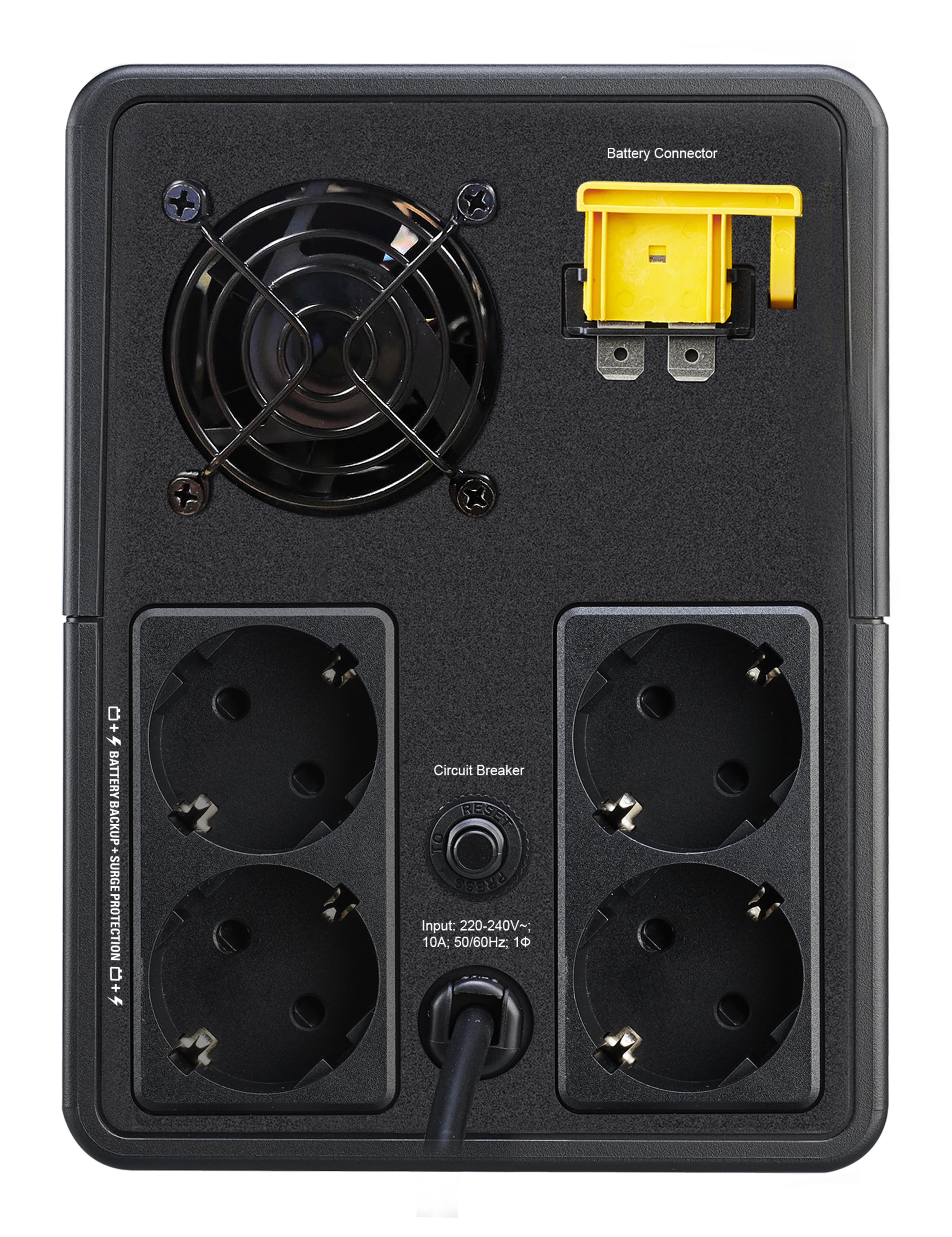 Retro UPS nero con prese, ventola e connettore batteria giallo. Testo: 'Battery Backup + Surge Protection'.
