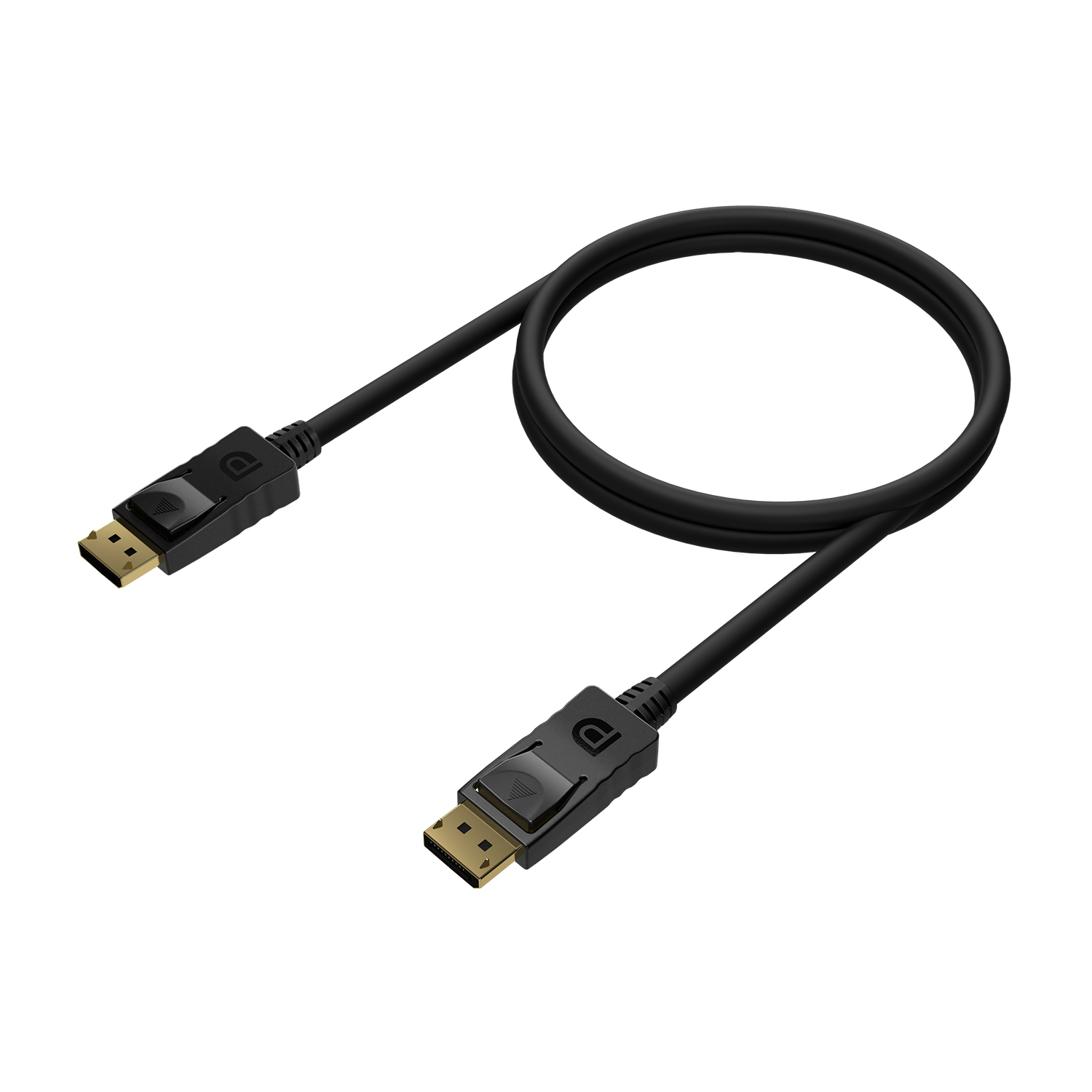 Un cable DisplayPort negro sobre un fondo blanco. Tiene dos conectores con pines dorados.