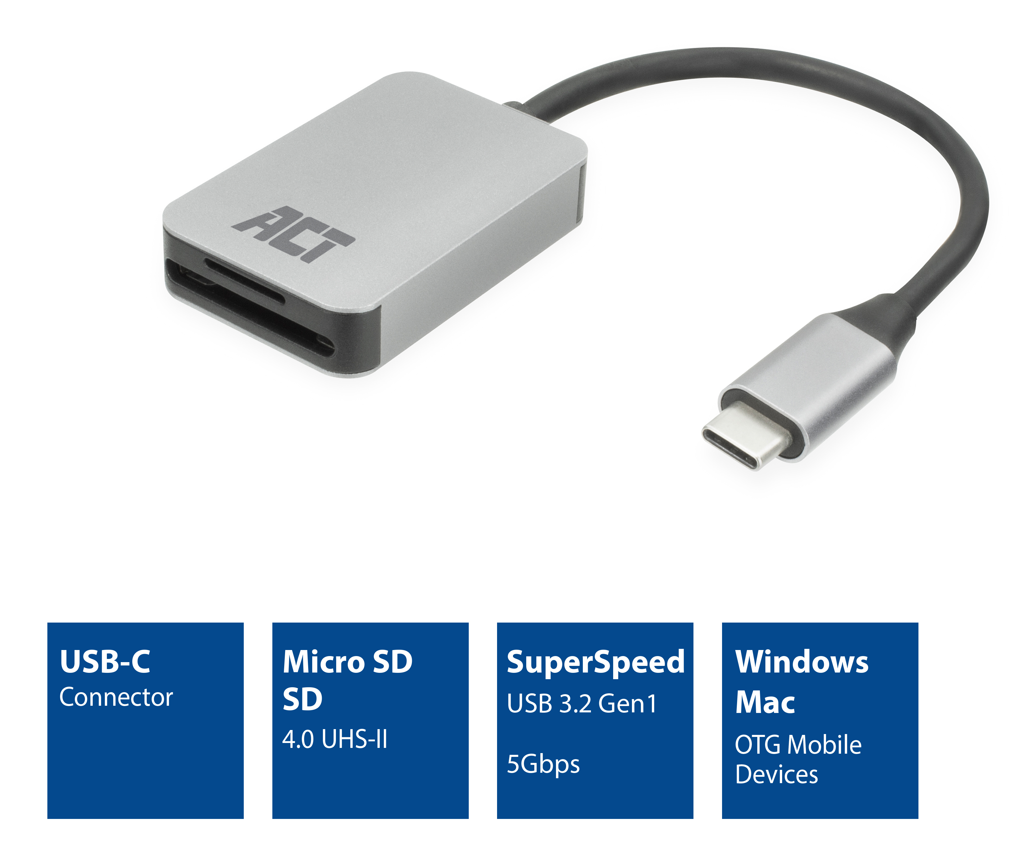 Srebrny czytnik kart ACT z złączem USB-C. Informacje: USB-C, Micro SD, SuperSpeed, Windows/Mac OTG.