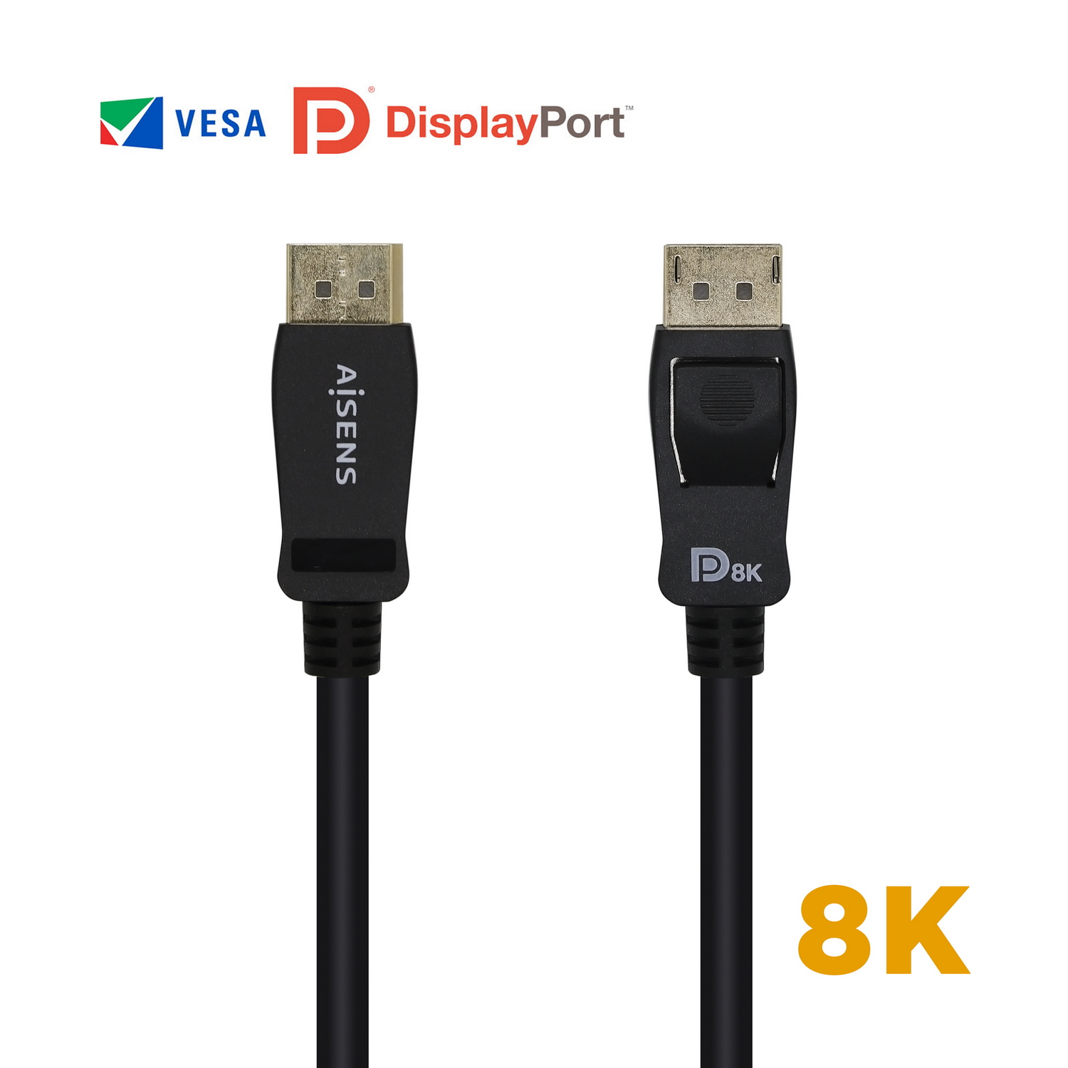 Dos cables DisplayPort negros. Uno tiene 'AiSENS', el otro dice 'P8K'. Logotipos de DisplayPort y VESA arriba.
