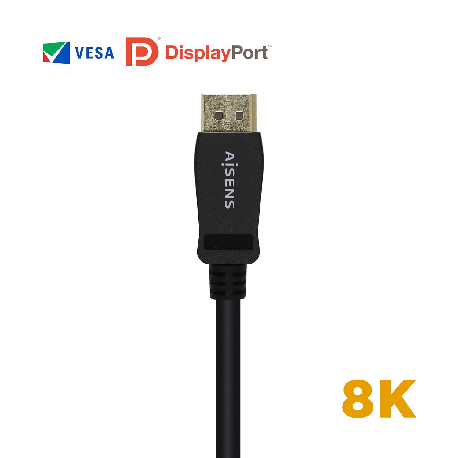 Se muestra un cable DisplayPort con la marca 'AiSens'. El cable tiene una etiqueta de resolución 8K.