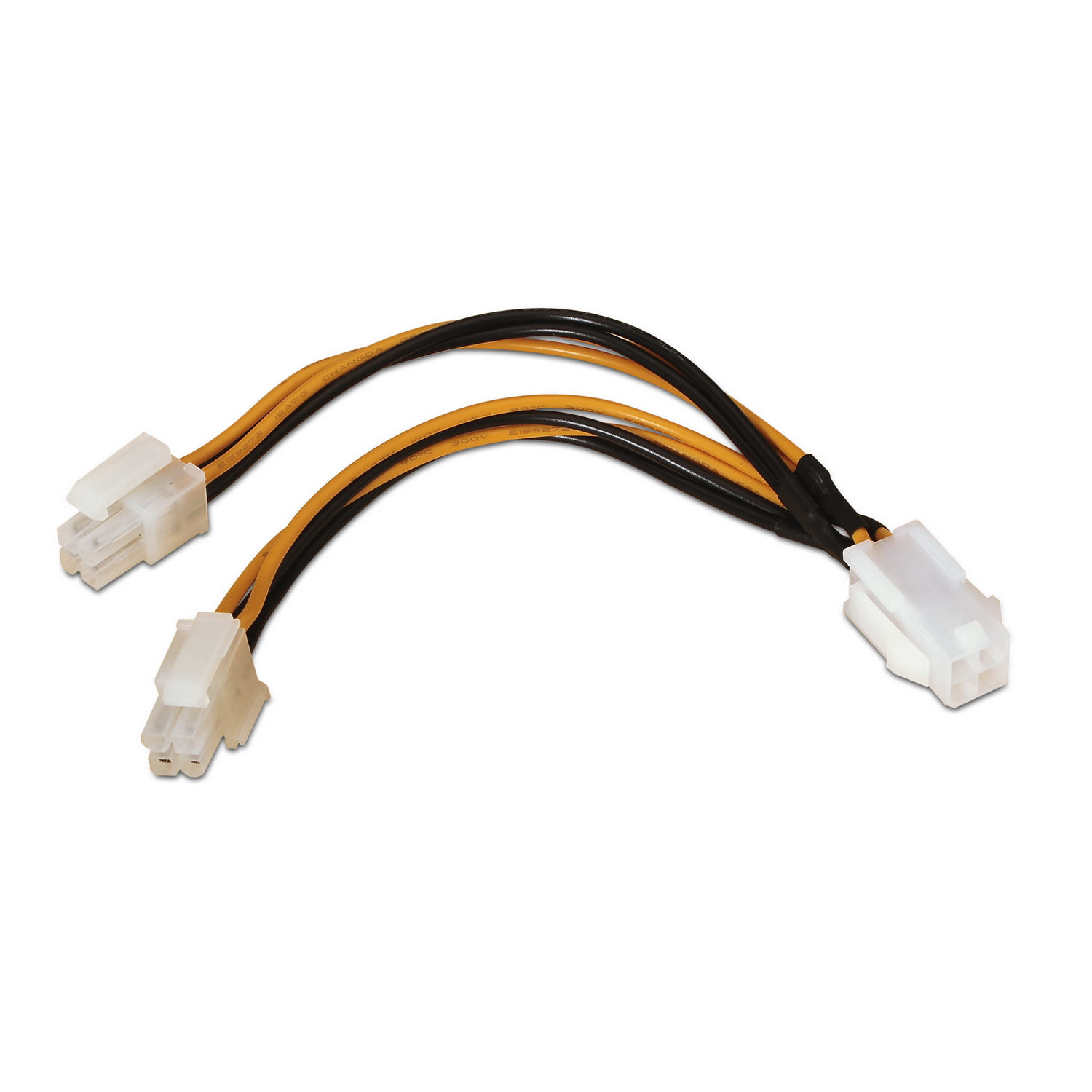 Un cable de fuente de alimentación para computadora con cables negros y amarillos y conectores blancos, sobre fondo blanco.