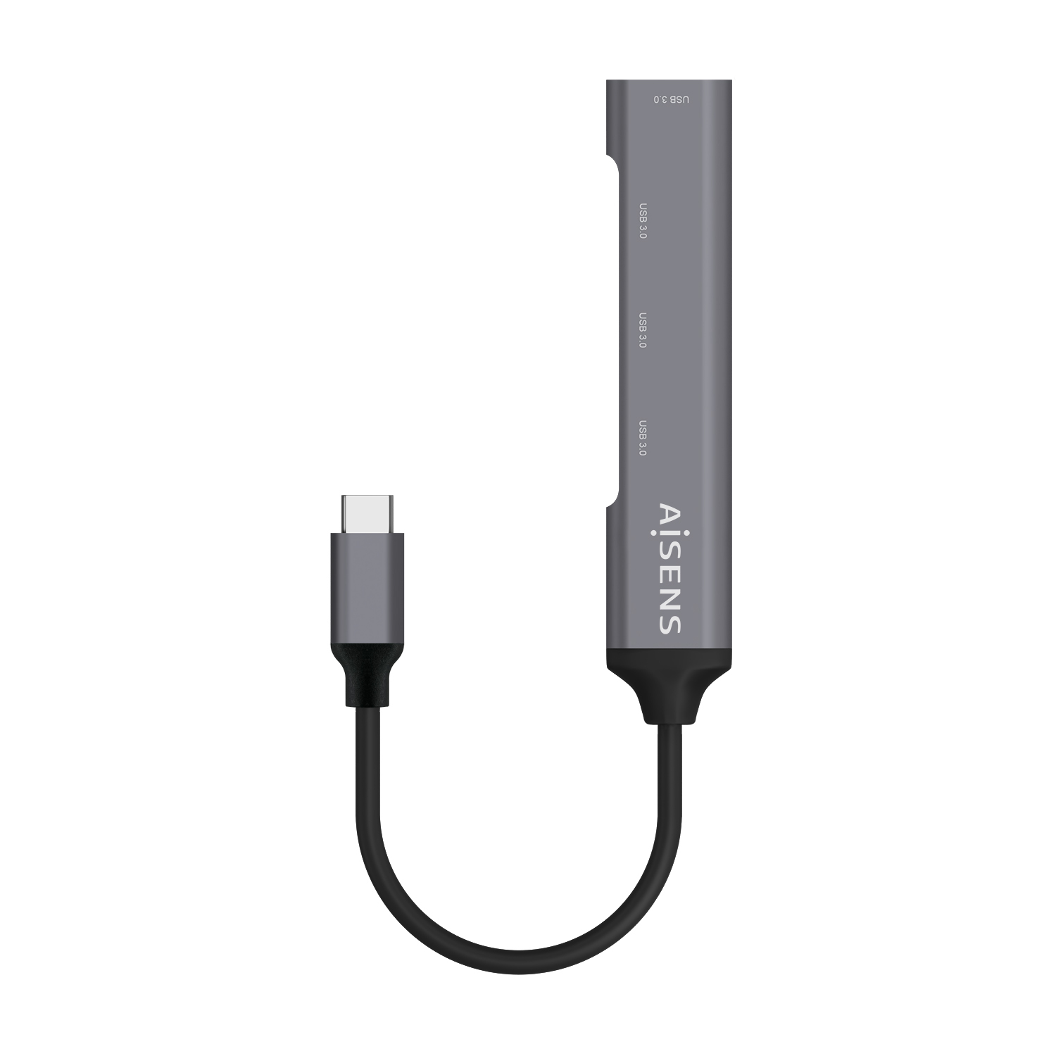 Un concentrador USB-C gris con un cable negro. Tiene múltiples puertos USB 3.0. La marca 'AISENS' está impresa en el concentrador.