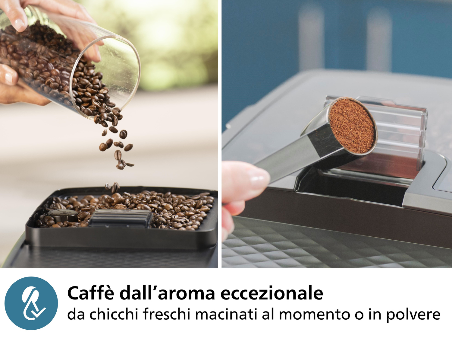 Kaffeebohnen werden in eine Kaffeemaschine gegossen. Gemahlener Kaffee wird geschöpft. Das Bild zeigt frischen Kaffee.