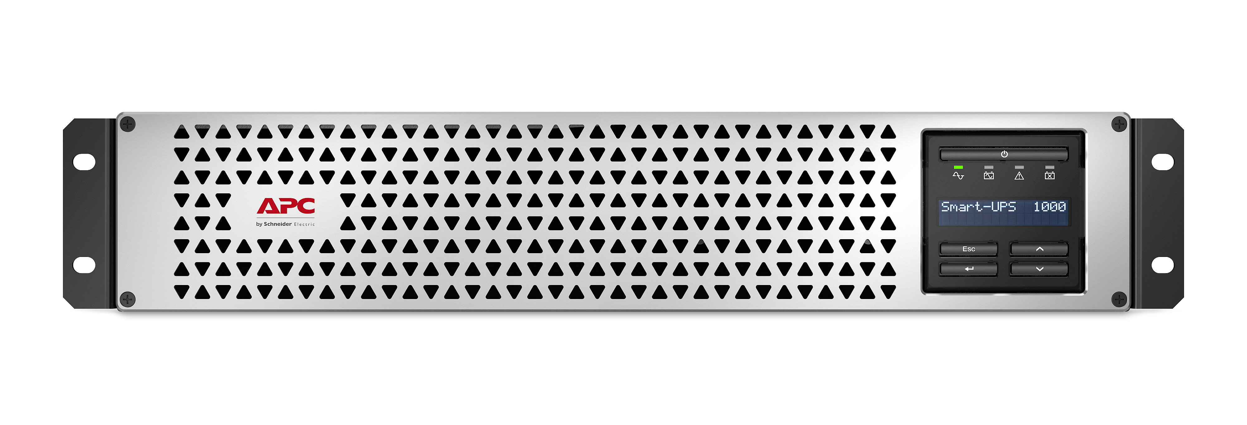Silbernes APC Smart-UPS 1000. Es hat ein dreieckiges Lüftungsmuster. Ein Display zeigt den Status.