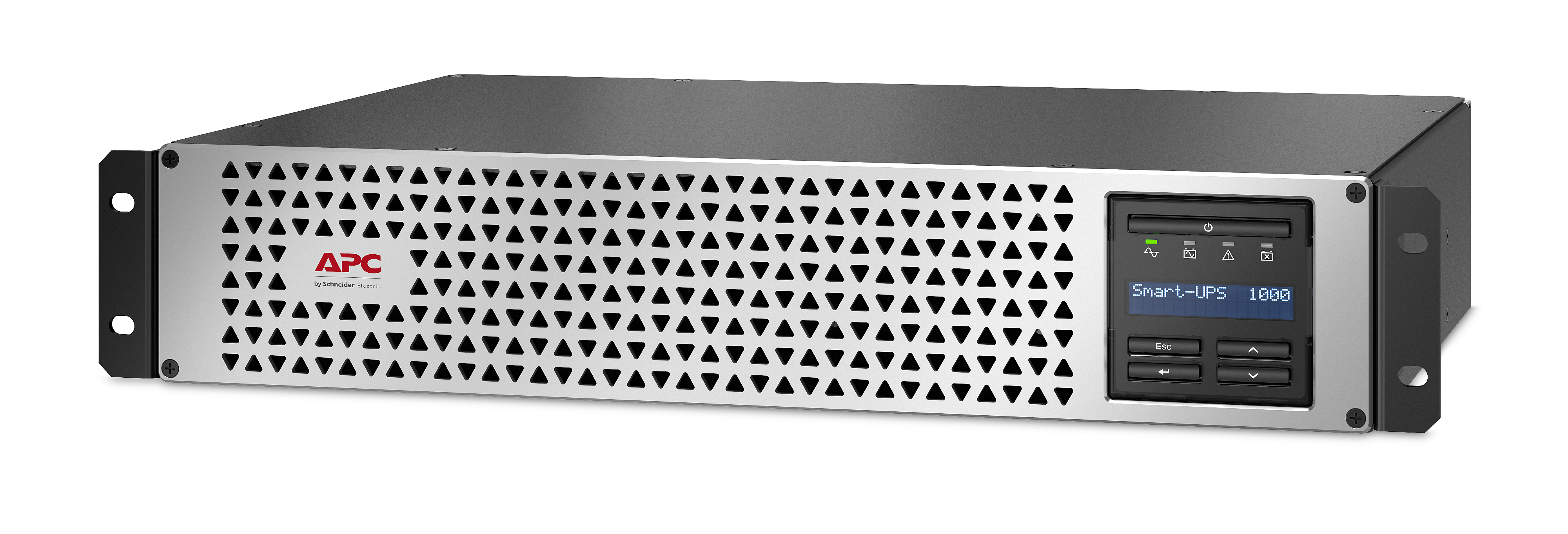 Silber-schwarzes APC Smart-UPS 1000. Es hat eine perforierte Frontplatte, ein Display und eine schwarze Oberseite. Weißer Hintergrund.
