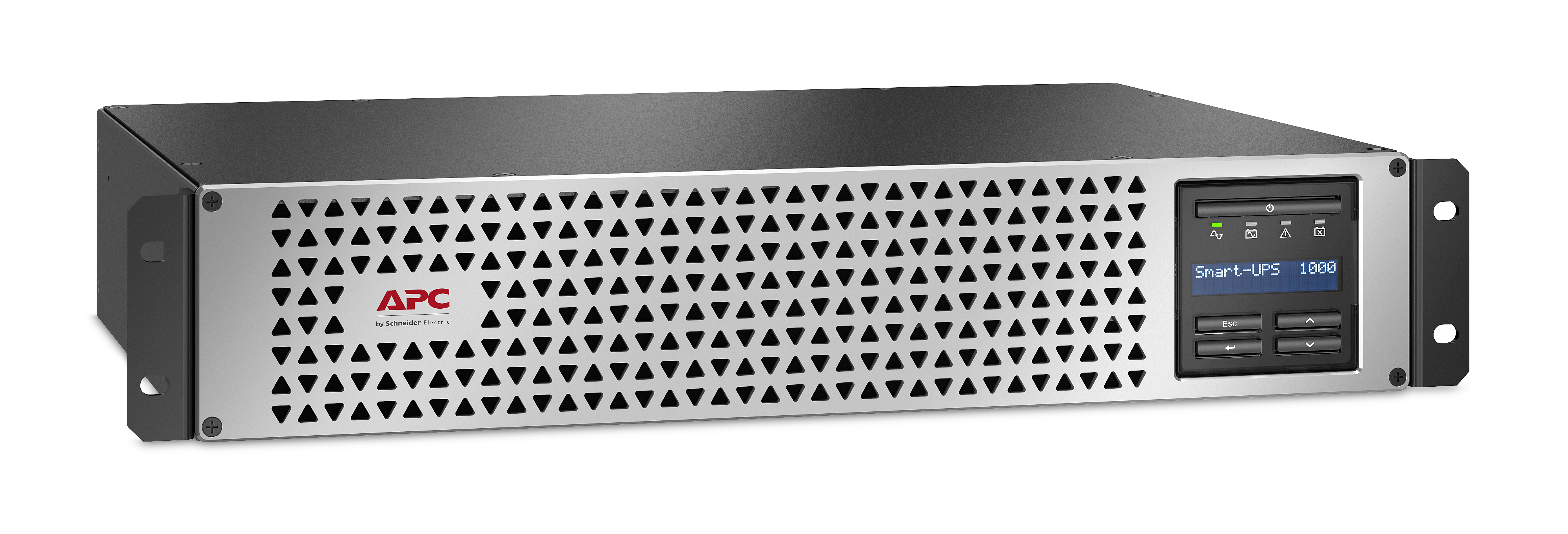 Silber-schwarzes APC Smart-UPS 1000. Es hat ein Display, Logo und eine Frontplatte mit dreieckigen Öffnungen.