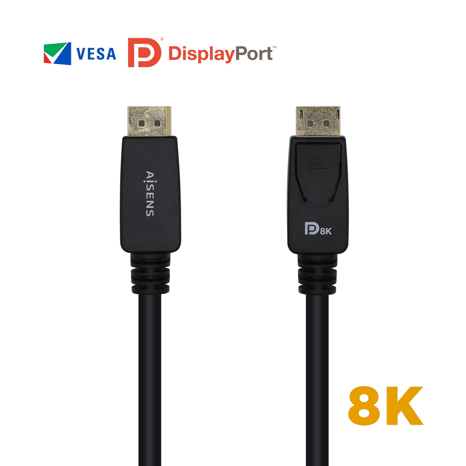 Dos cables DisplayPort negros. Uno tiene 'AiSENS'. El otro tiene '8K'. El logo 'VESA DisplayPort' está arriba.