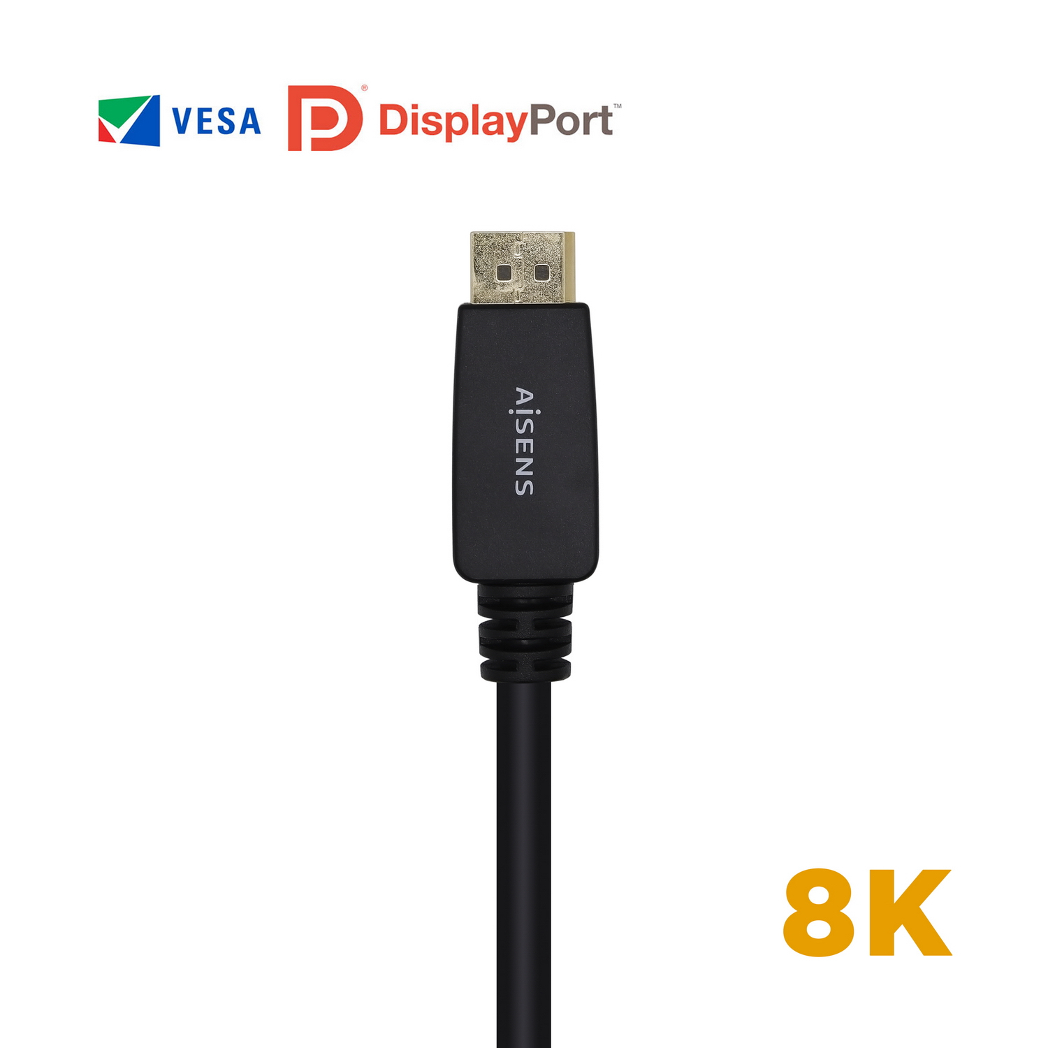 Un cable DisplayPort negro de AiSens con texto 8K. Los logotipos de VESA y DisplayPort están arriba a la izquierda.