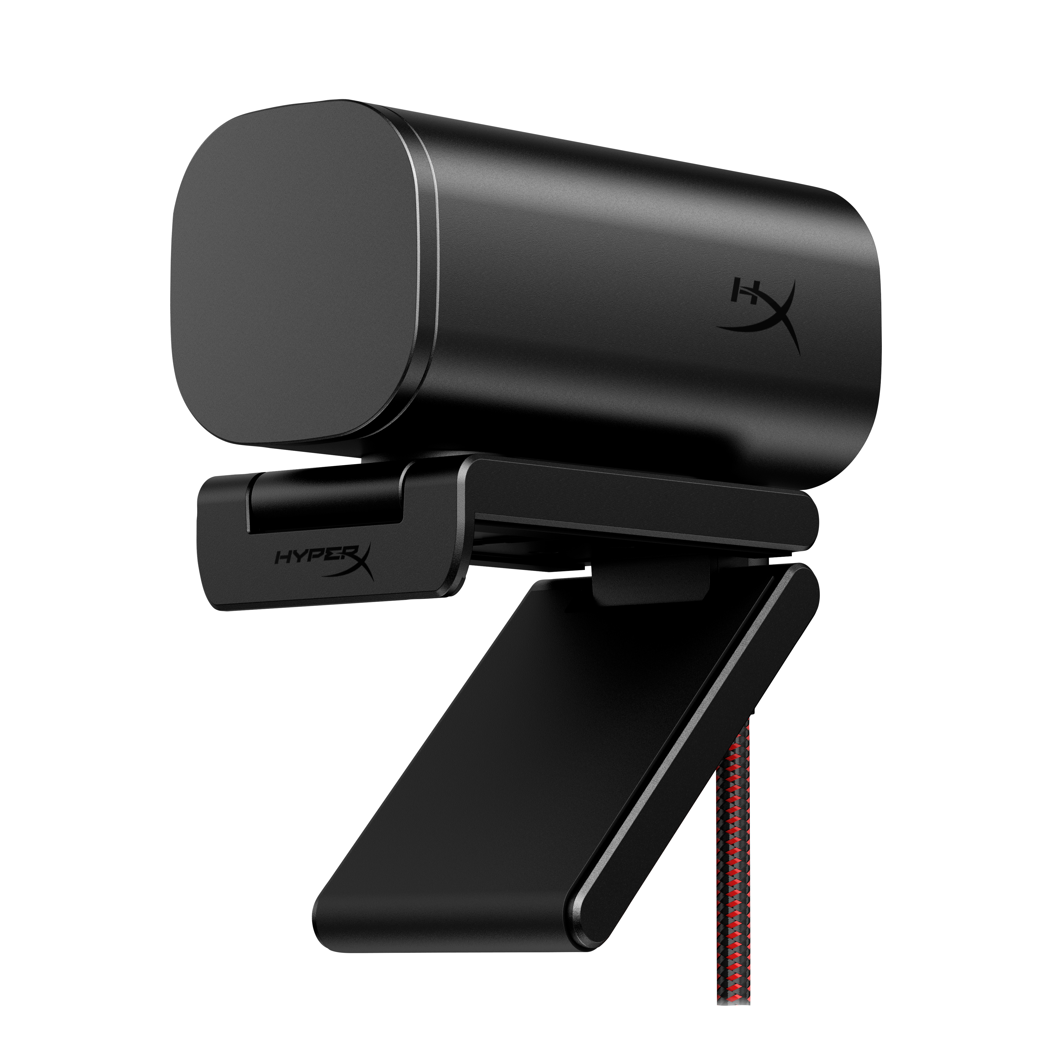 Schwarze Webcam mit Logo, montiert auf einem schwarzen Ständer. Ein rot-schwarzes geflochtenes Kabel ist sichtbar.