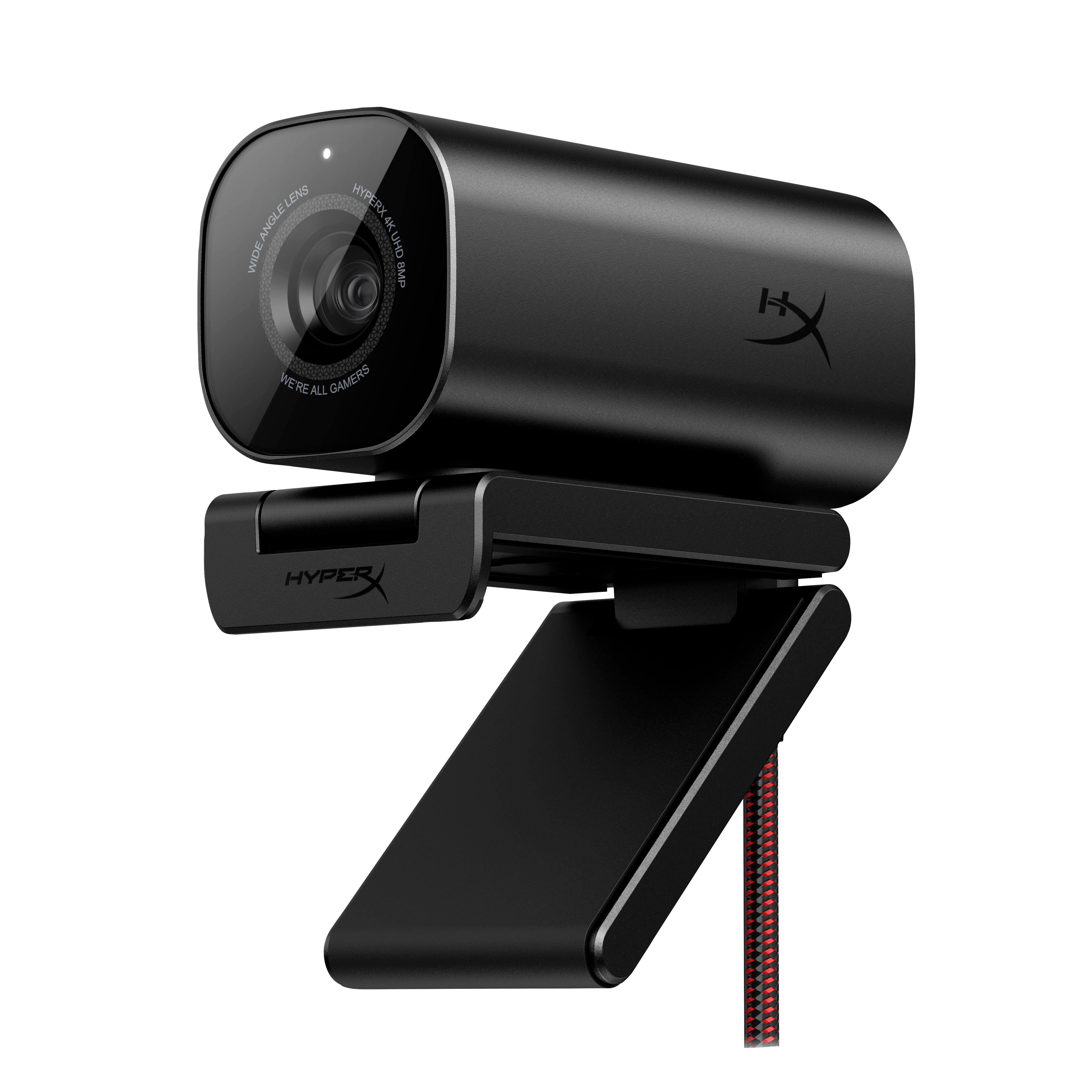 Eine schwarze HyperX-Webcam. Sie hat ein Objektiv, einen Ständer und ein gemustertes rot-schwarzes Kabel.