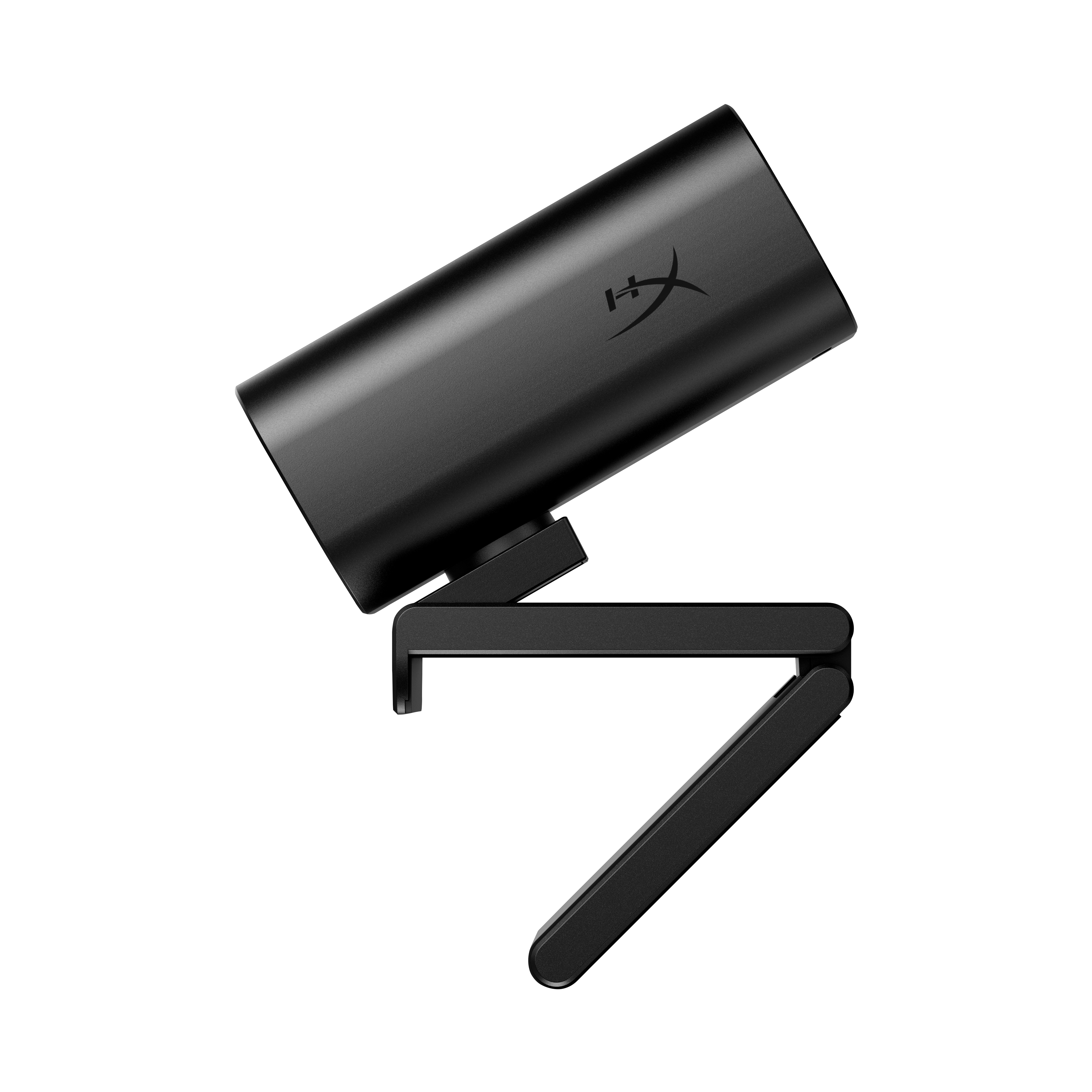 Schwarze Webcam mit Logo auf weißem Hintergrund. Es hat einen verstellbaren Ständer. Die Webcam ist geneigt.