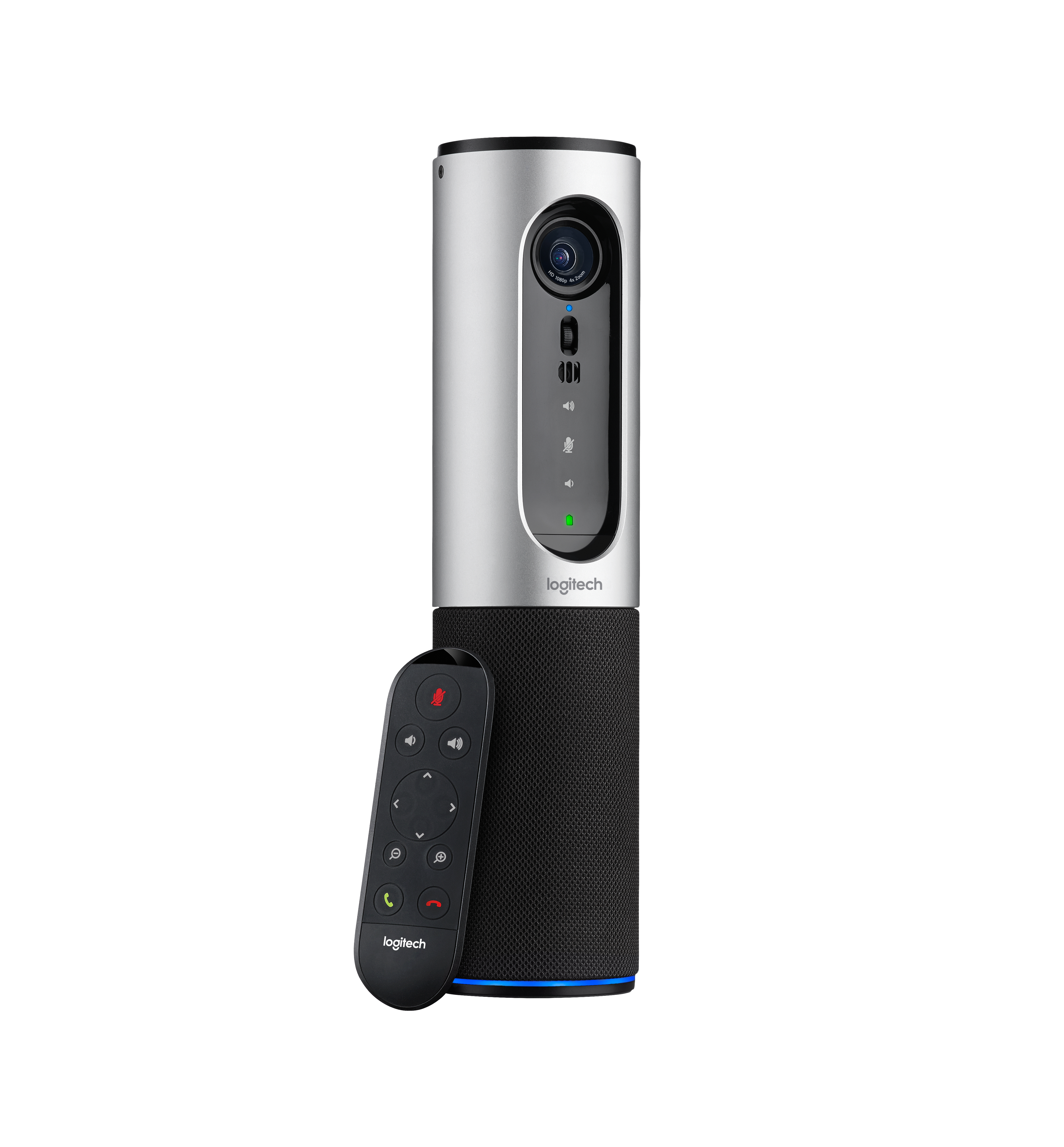 Un dispositivo per videoconferenze Logitech con telecomando. Ha una fotocamera, un altoparlante e pulsanti per il volume e il muto.