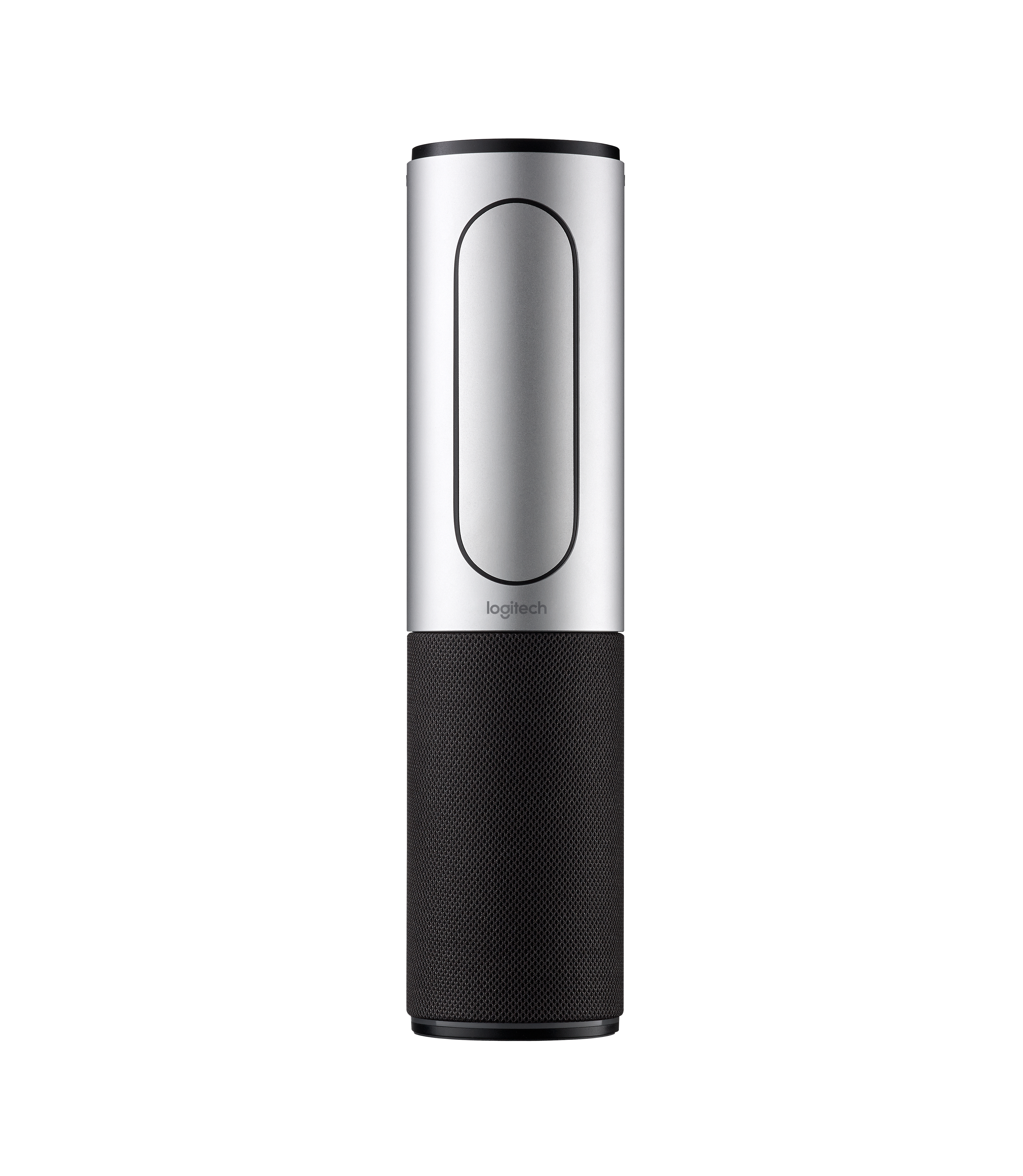 Un altoparlante Logitech argentato con fondo a rete nero. Ha un ritaglio ovale e il logo Logitech.