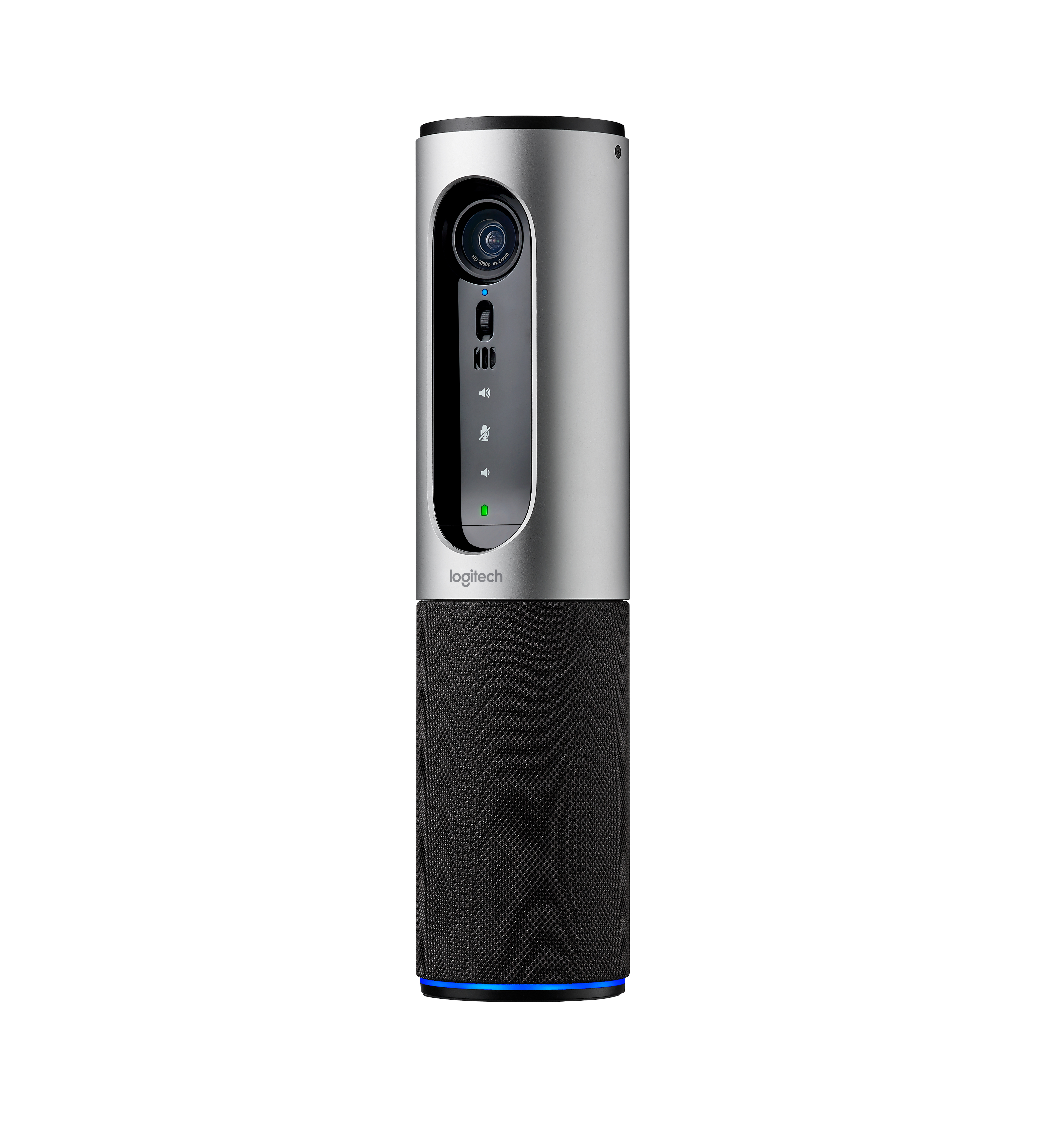 Videocamera per videoconferenze Logitech argentata. Ha un obiettivo, indicatori microfono e un altoparlante in rete nera.