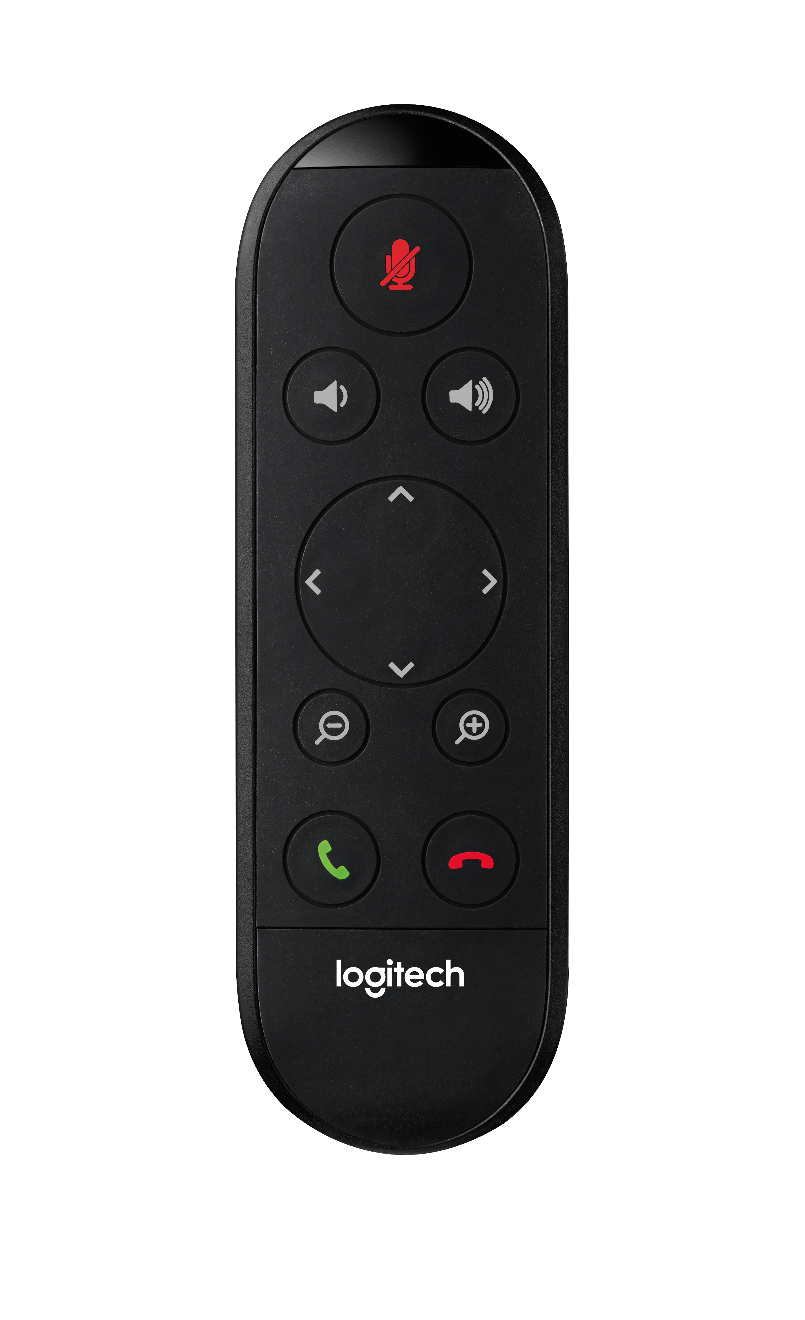 Telecomando nero con vari pulsanti, tra cui microfono, volume e chiamata. Logo Logitech in basso.