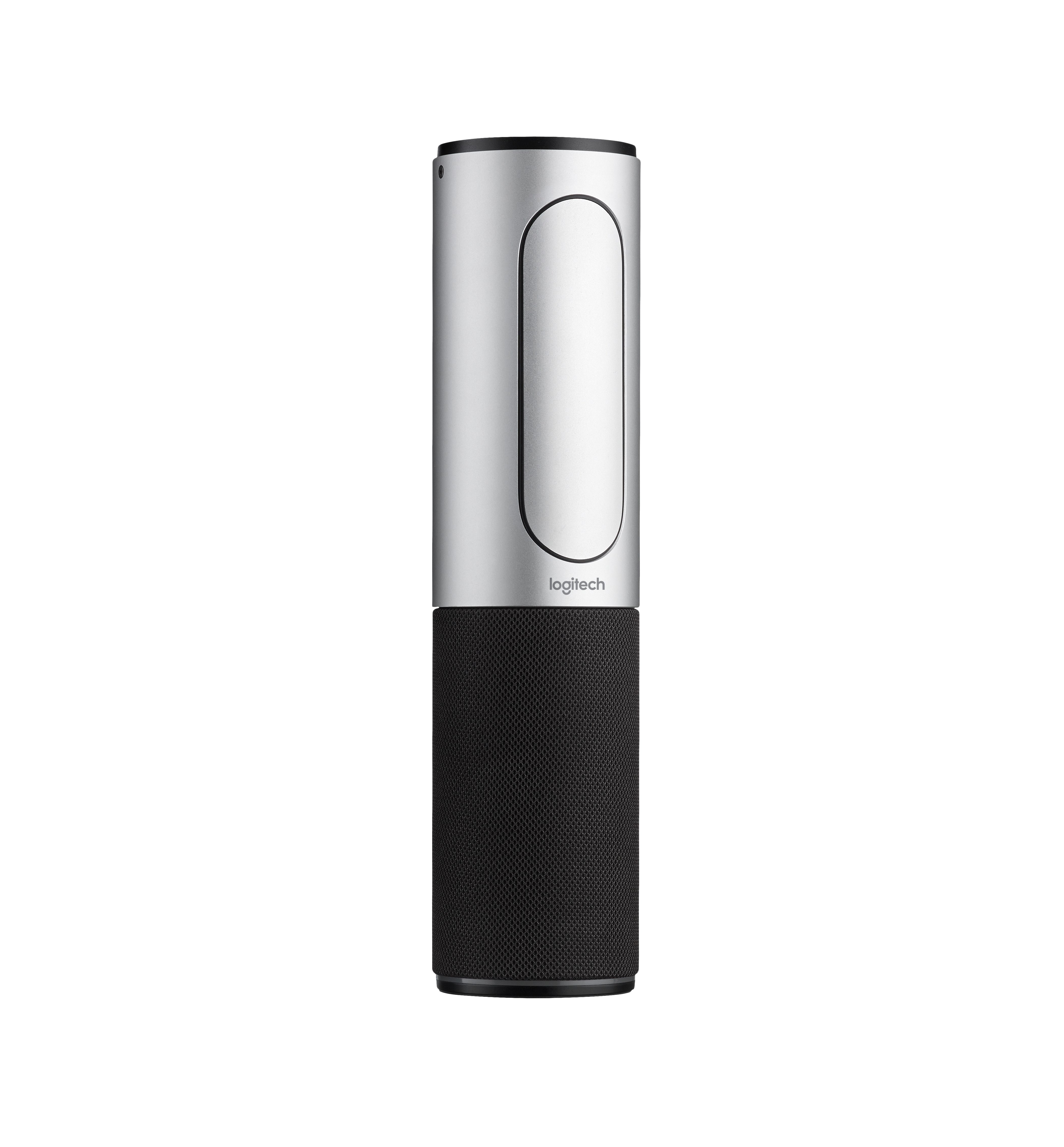 Un dispositivo per videoconferenze Logitech. Ha una parte superiore argentata con una grande lente ovale e una base per altoparlanti nera.
