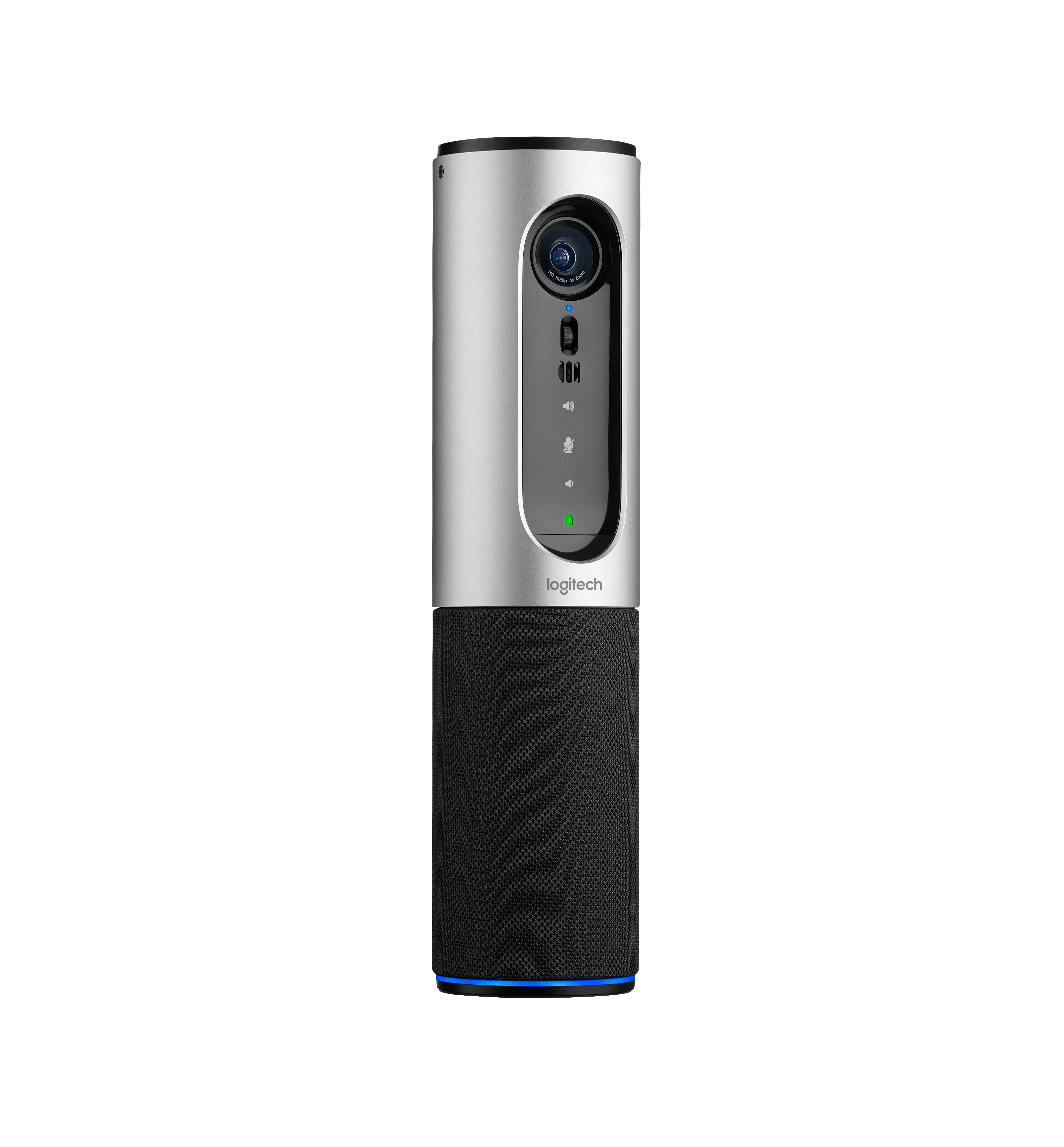 Una telecamera per conferenze Logitech argentata. Ha una base in rete nera e luce blu. L'obiettivo è in alto.