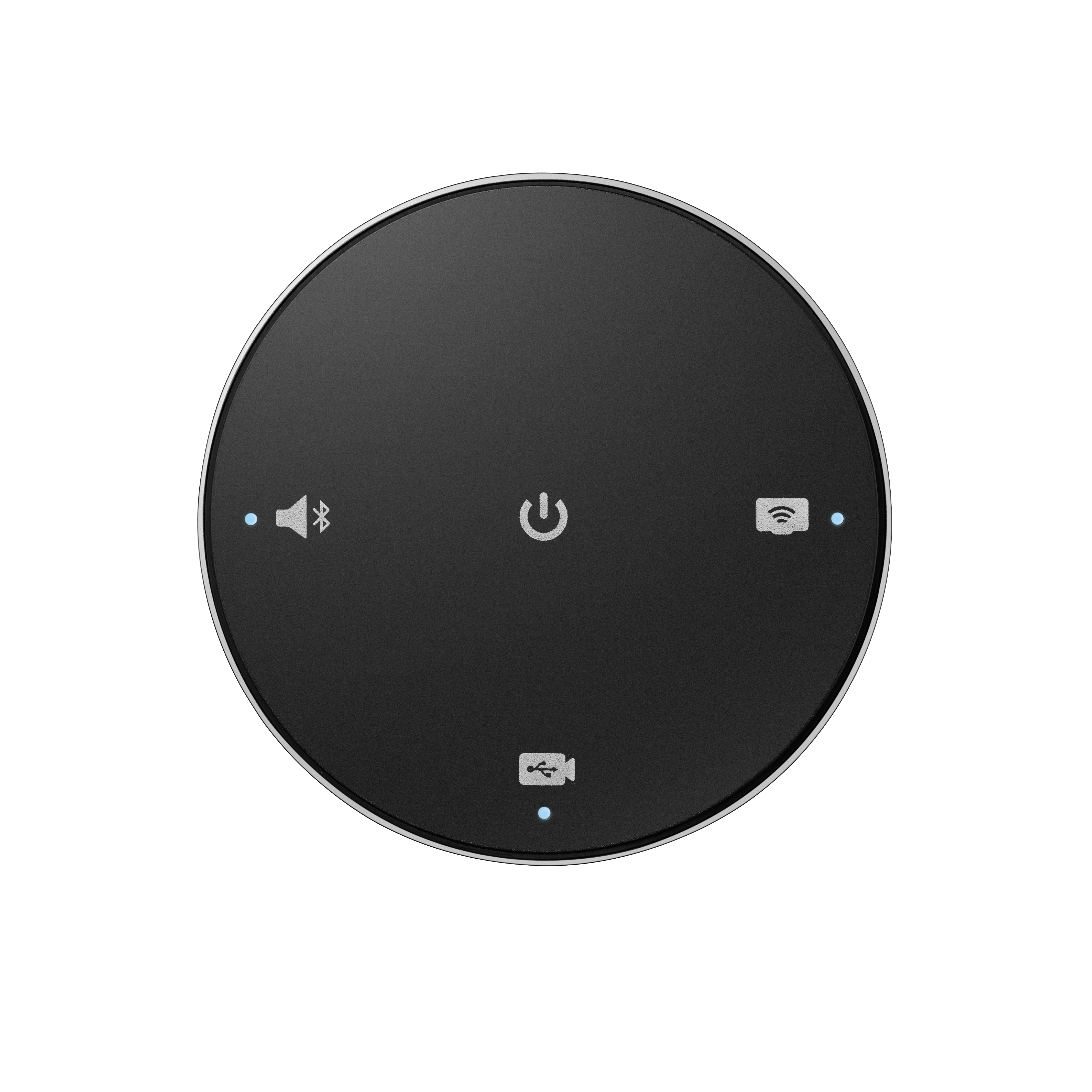 Un dispositivo circolare nero con finiture argentate. Ha icone di alimentazione, altoparlante, Wi-Fi e fotocamera, e luce blu.