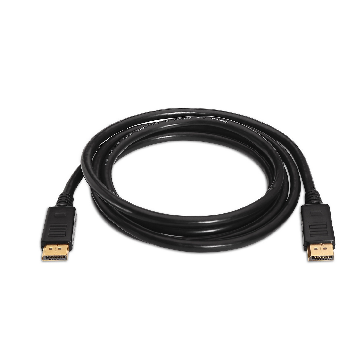 Un cable DisplayPort negro sobre una superficie blanca. Dos conectores con pines dorados en cada extremo.