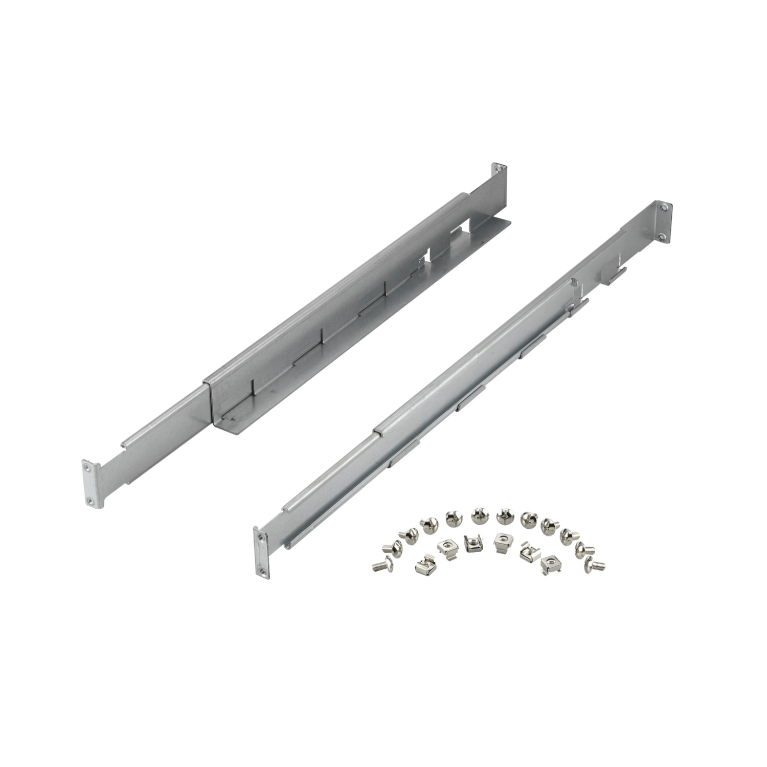Dos guías metálicas para cajones, color plata, y pequeños tornillos plateados, dispuestos sobre fondo blanco. Las guías son de diferentes longitudes.