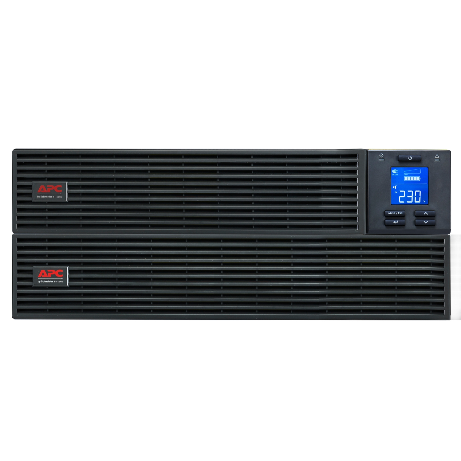 Una fuente de alimentación APC negra con una pantalla digital que muestra 230. La unidad tiene el logotipo de APC y la marca Schneider Electric.