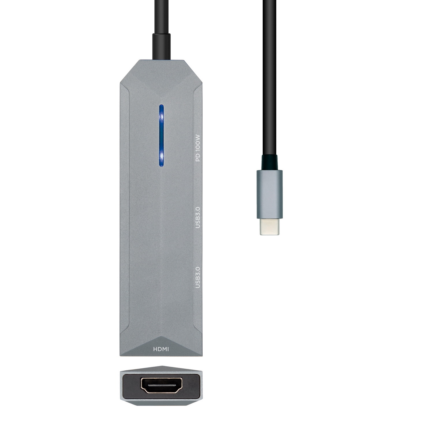 Un concentrador USB gris con puertos HDMI y USB3.0, y un cable USB-C. Tiene un indicador de luz azul y las palabras PD 100W.