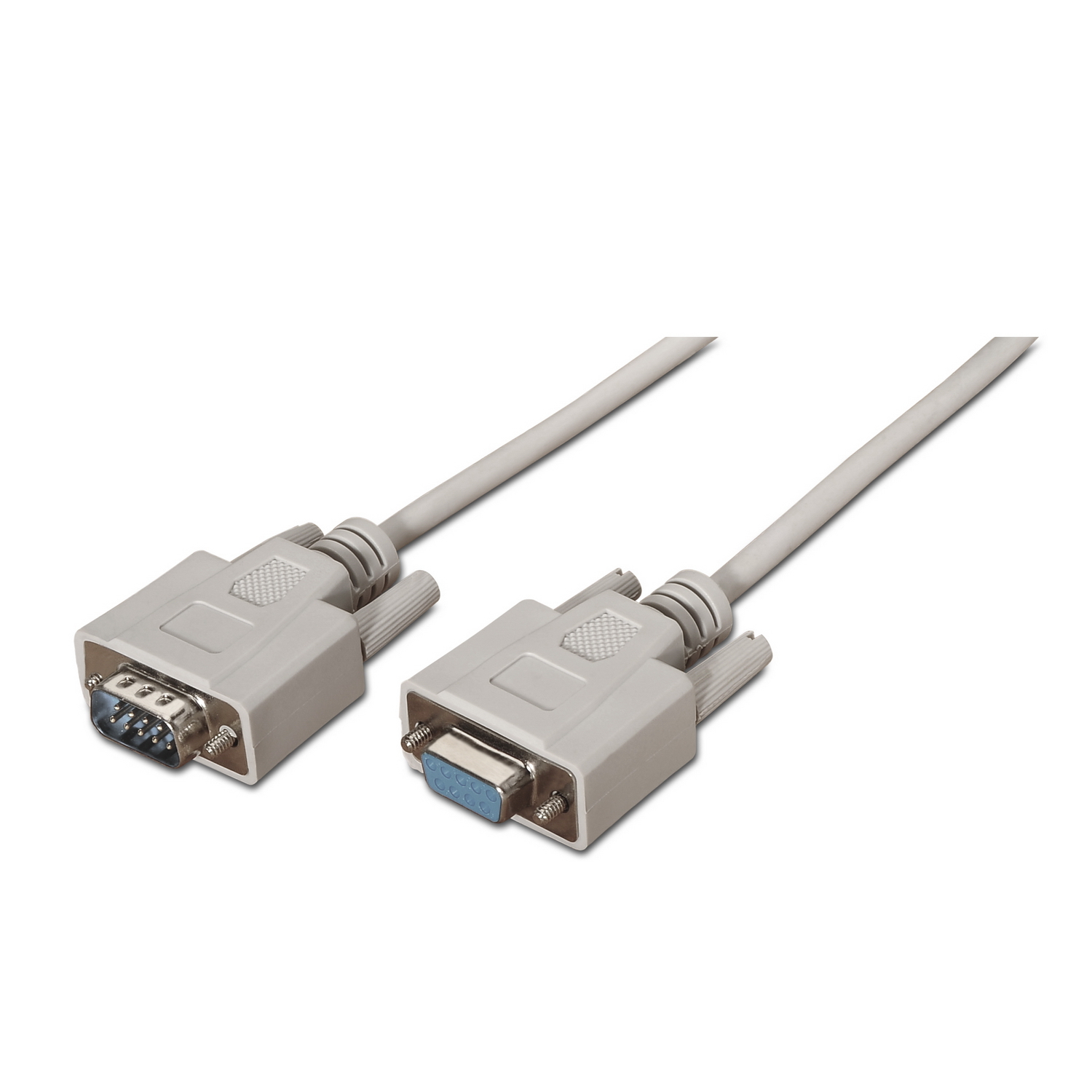 Dos cables seriales grises con conectores sobre fondo blanco. Un conector tiene pines, el otro tiene agujeros.