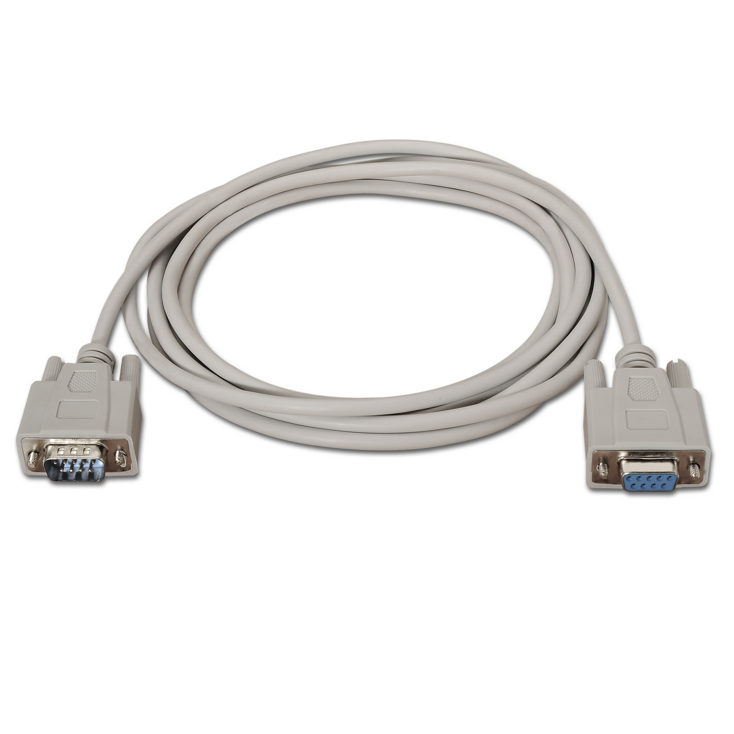 Un cable serial gris con dos conectores. El cable está enrollado en un bucle. Los conectores tienen detalles azules y plateados.
